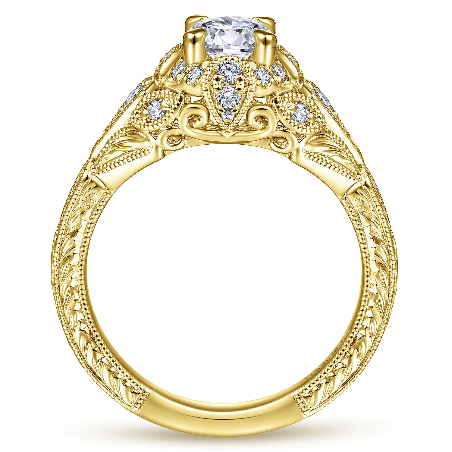 Vintage Inspired 14K Yellow Gold Round Halo Diamond Engagement Ring