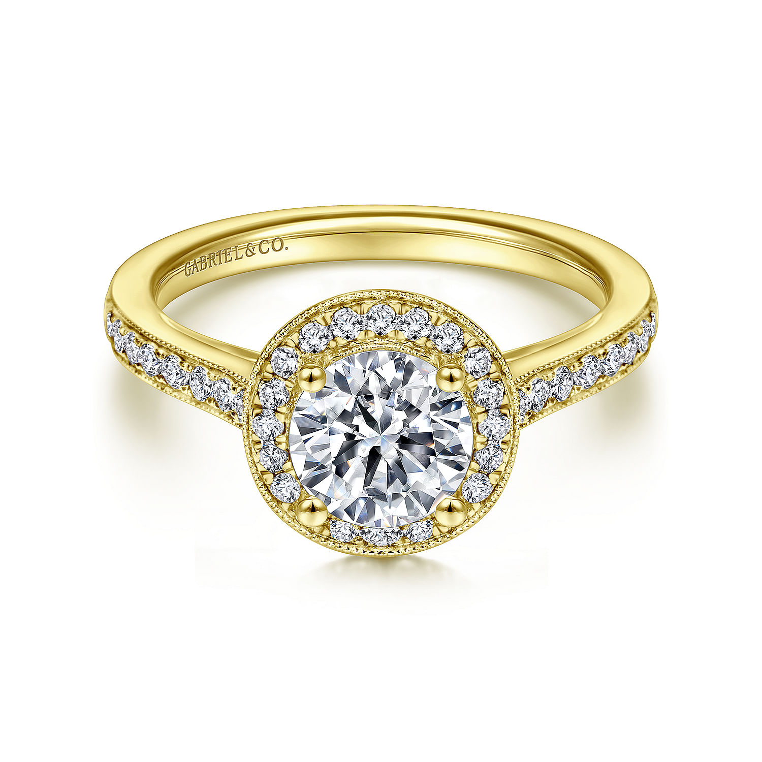 Vintage Inspired 14K Yellow Gold Round Halo Diamond Engagement Ring