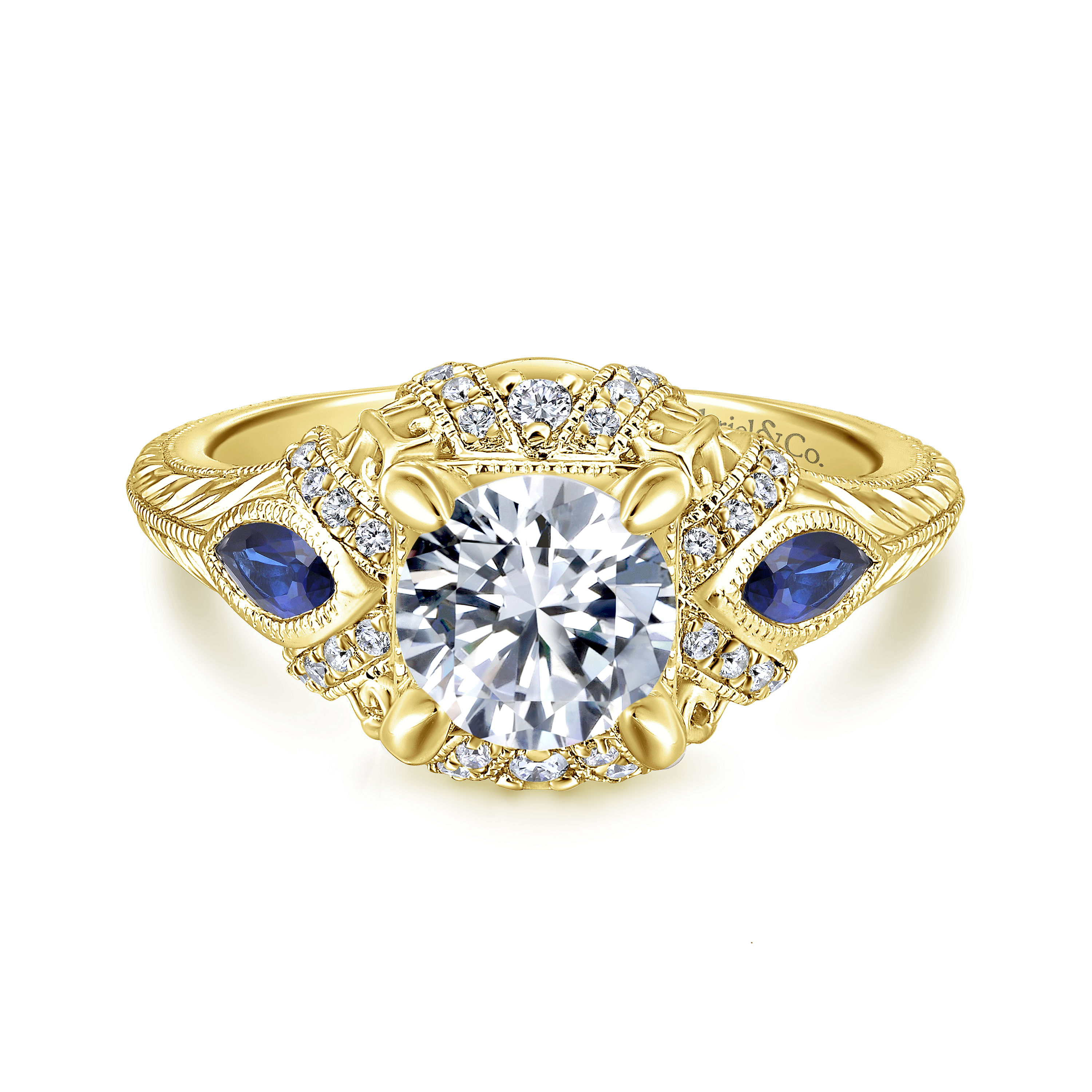 Vintage Inspired 14K Yellow Gold Round Three Stone Halo Diamond and Sapphire Engagement Ring