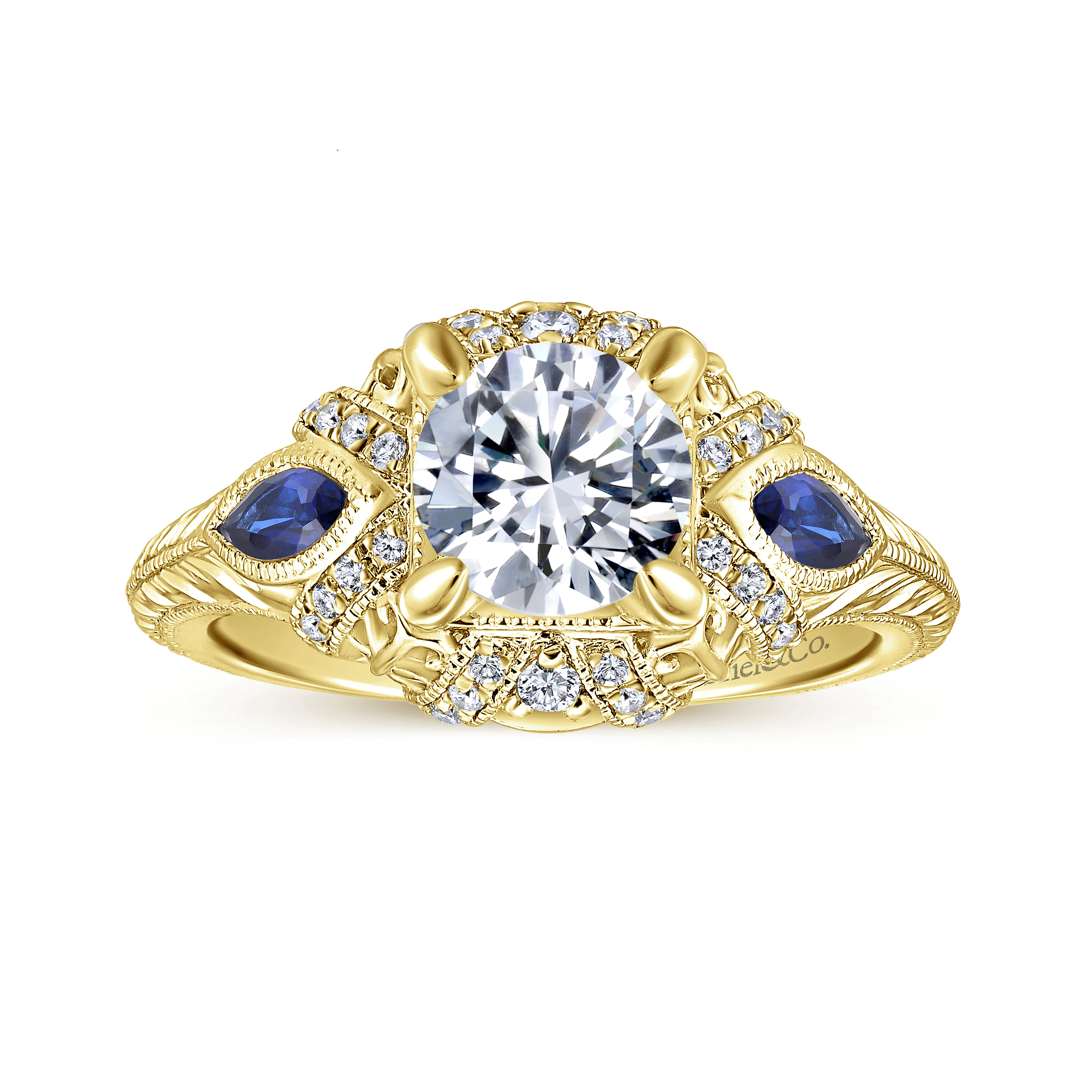 Vintage Inspired 14K Yellow Gold Round Three Stone Halo Diamond and Sapphire Engagement Ring