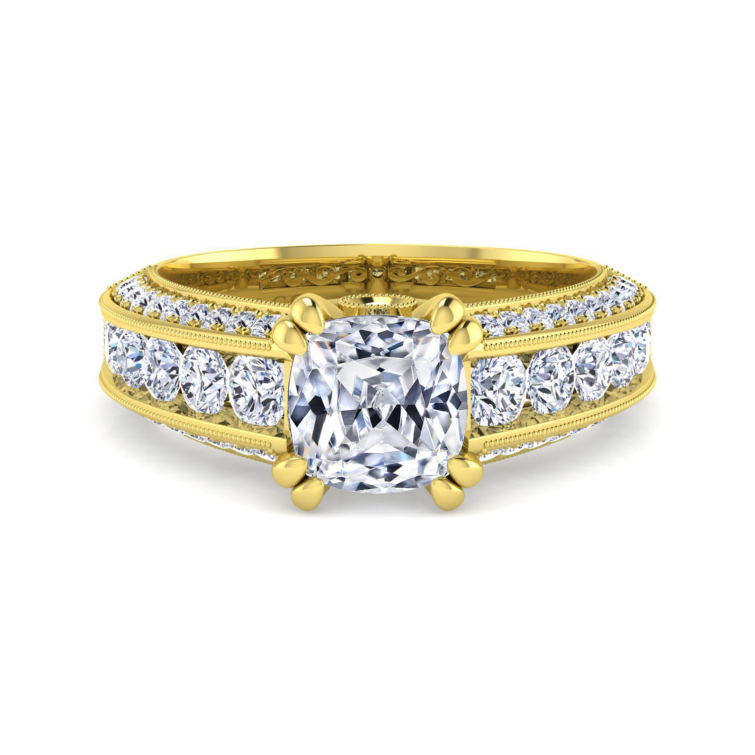 Vintage Inspired 14K Yellow Gold Wide Band Cushion Cut Diamond Engagement Ring