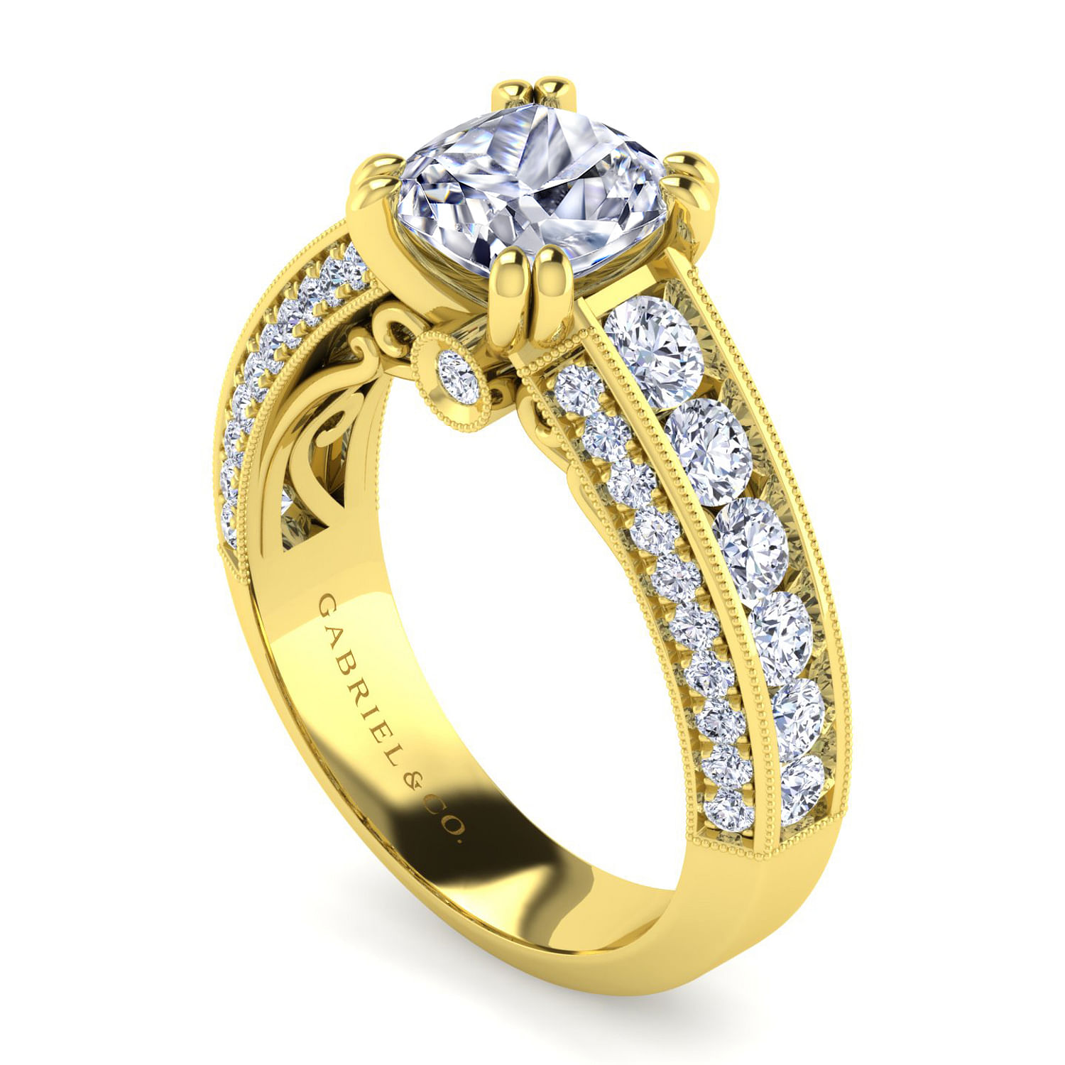 Vintage Inspired 14K Yellow Gold Wide Band Cushion Cut Diamond Engagement Ring