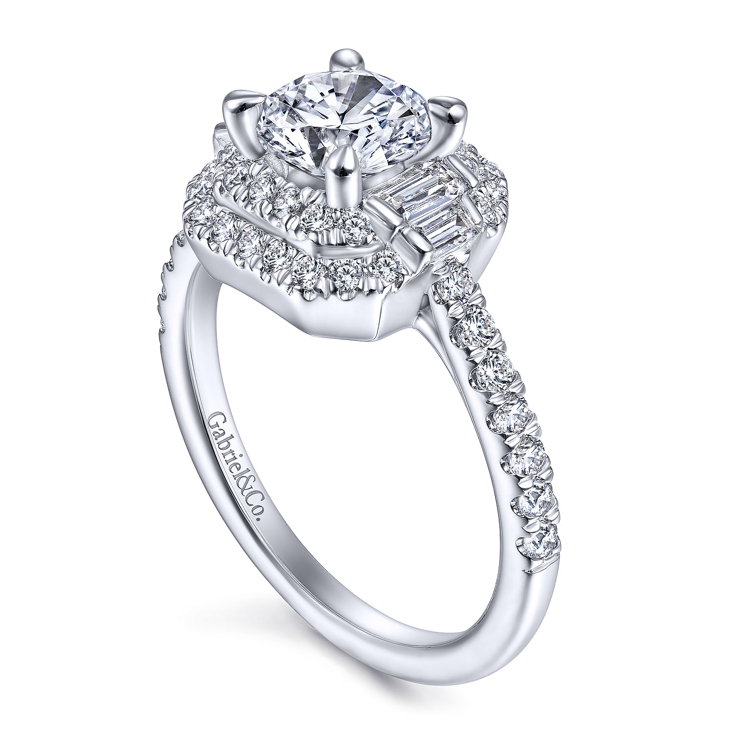 Vintage Inspired 14k White Gold Cushion Double Halo Round Diamond Engagement Ring