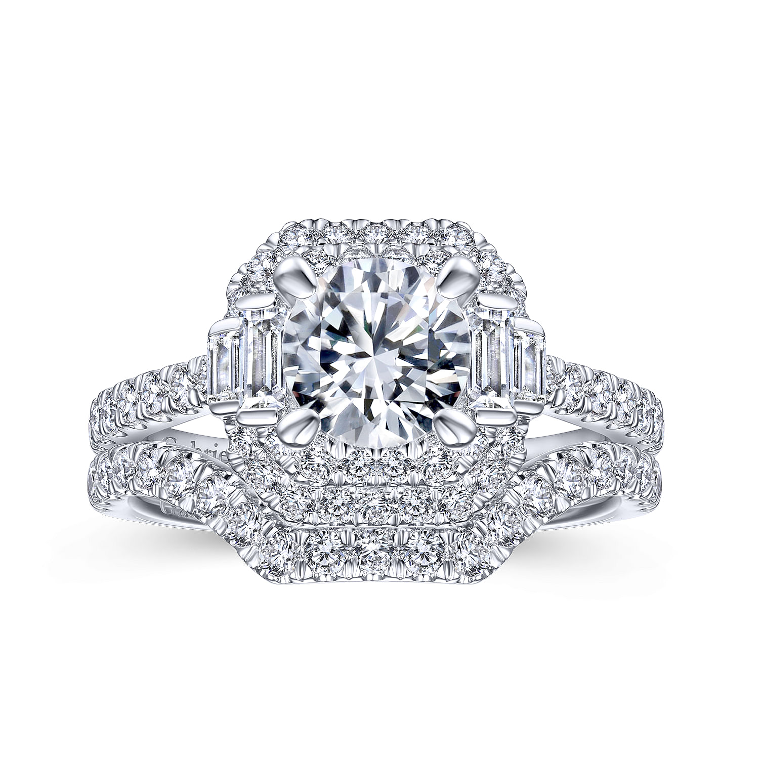 Vintage Inspired 14k White Gold Cushion Double Halo Round Diamond Engagement Ring