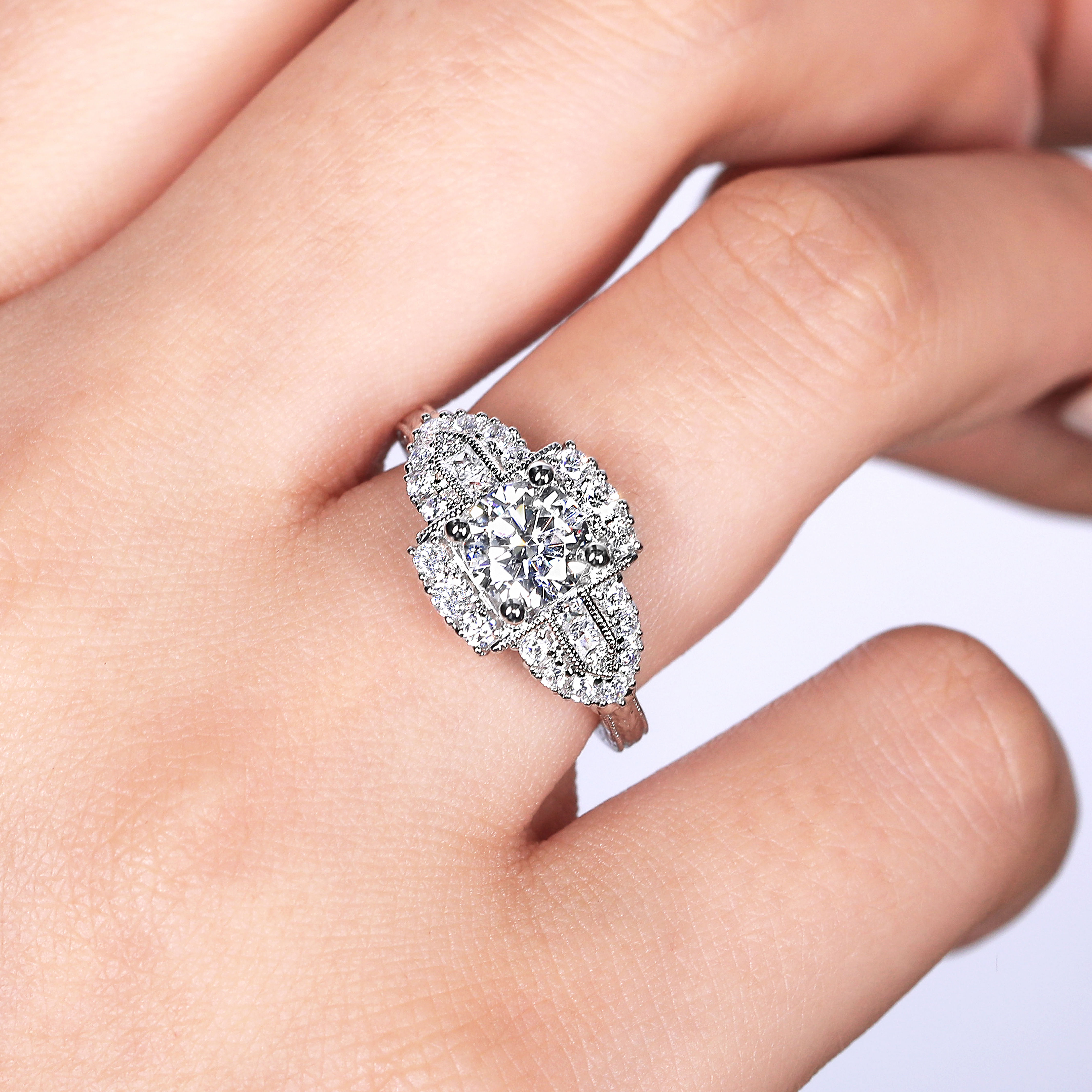 Vintage Inspired 14k White Gold Round Diamond Engagement Ring
