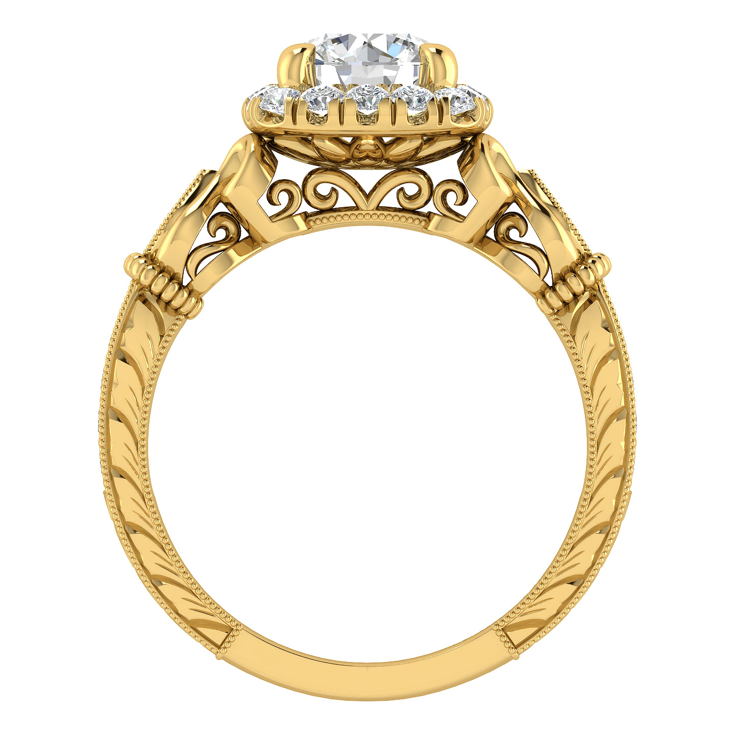 Vintage Inspired 18K Yellow Gold Round Halo Diamond Engagement Ring