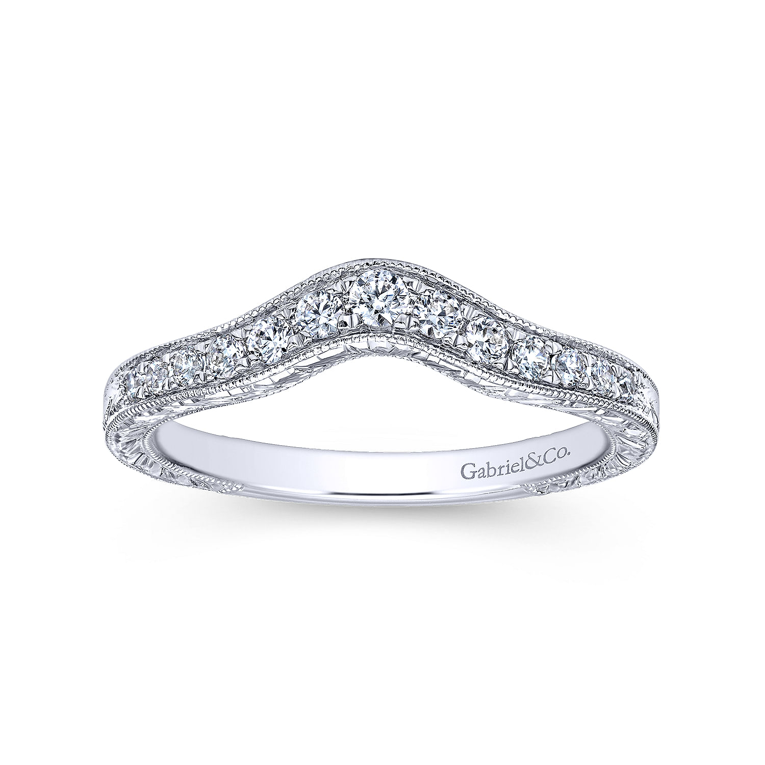 Vintage Inspired Curved 14K White Gold Diamond Wedding Band with Engraving