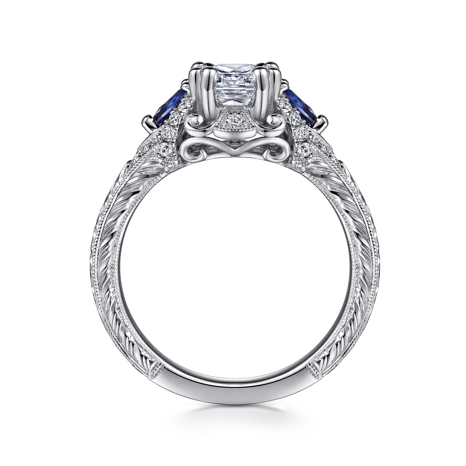 Vintage Inspired Platinum Cushion Cut Sapphire and Diamond Engagement Ring