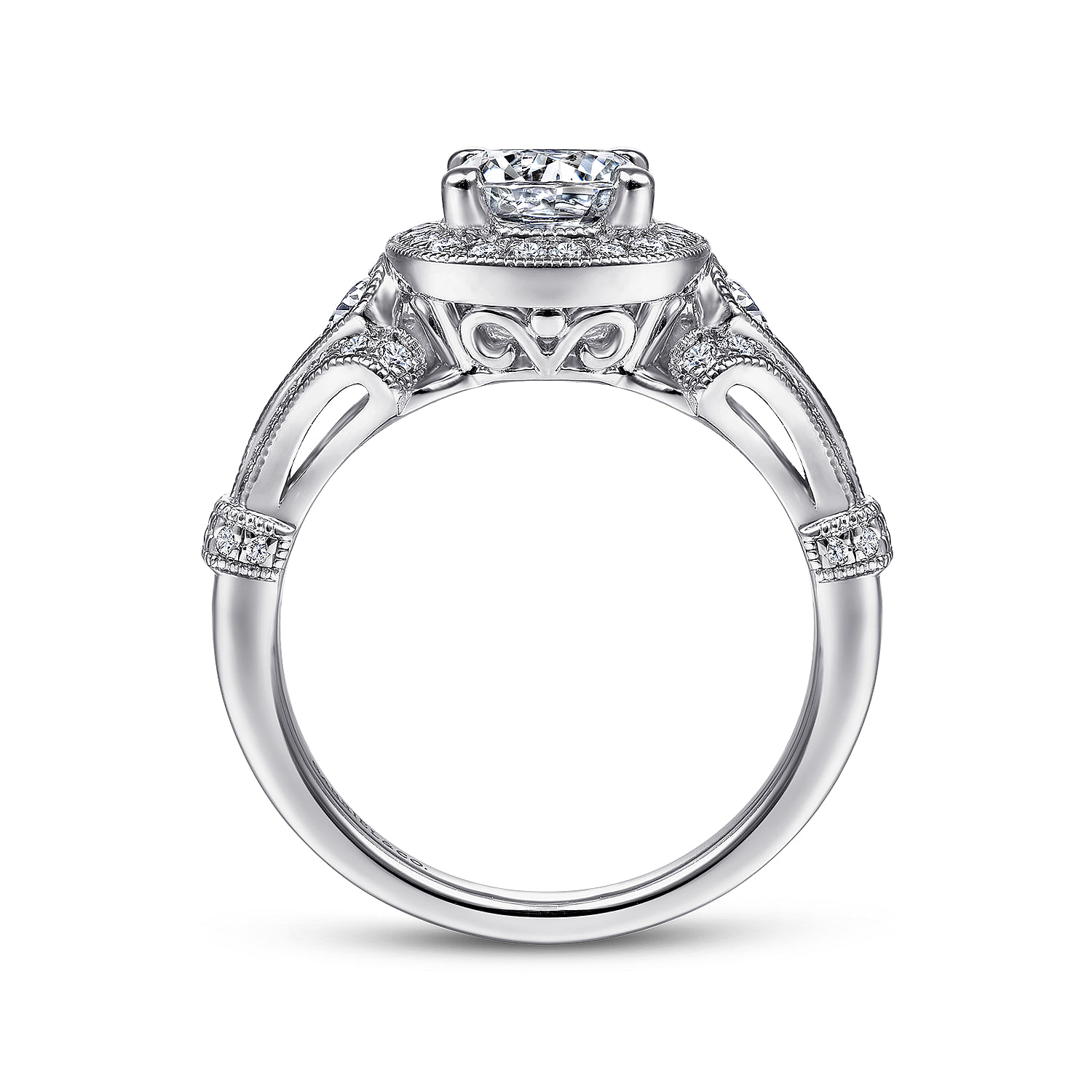 Vintage Inspired Platinum Cushion Halo Round Diamond Engagement Ring