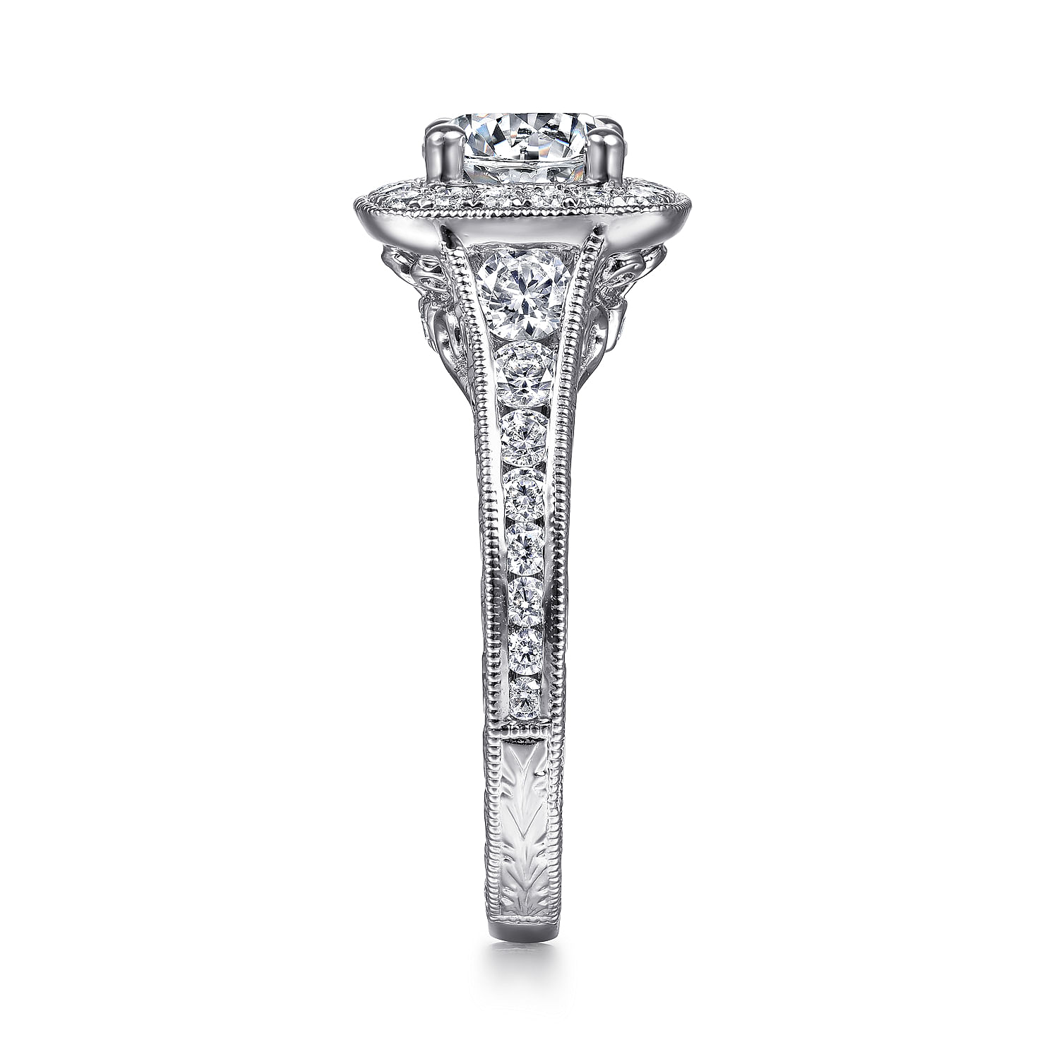 Vintage Inspired Platinum Cushion Halo Round Diamond Engagement Ring