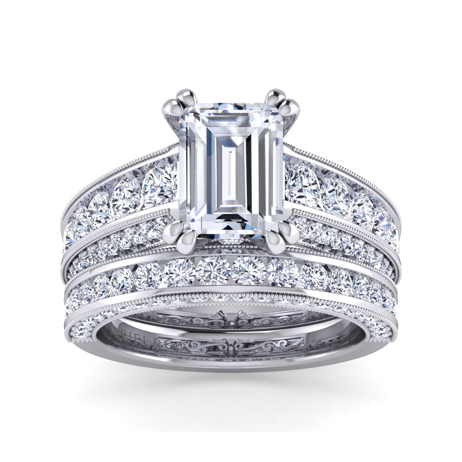 Vintage Inspired Platinum Emerald Cut Wide Band Diamond Engagement Ring