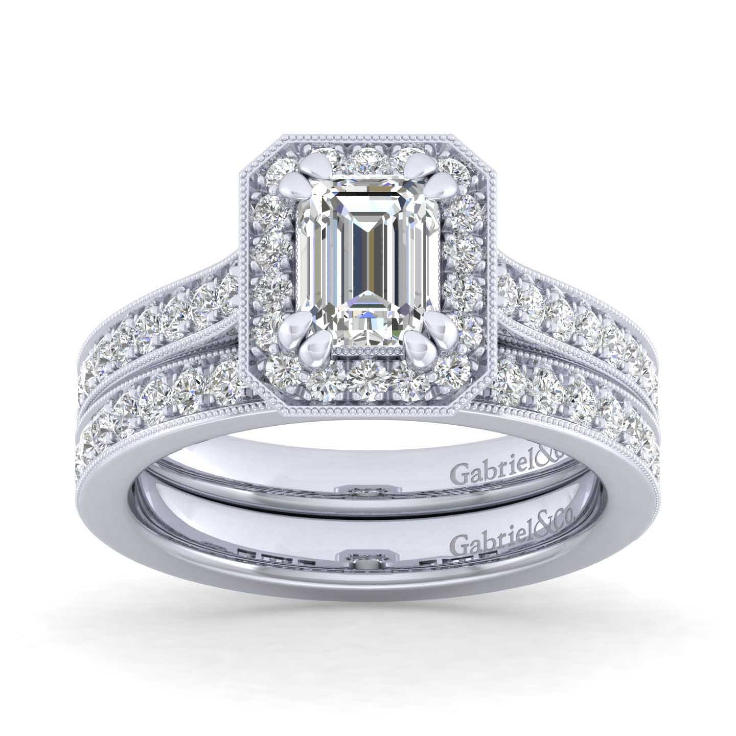Vintage Inspired Platinum Emerald Halo Diamond Engagement Ring