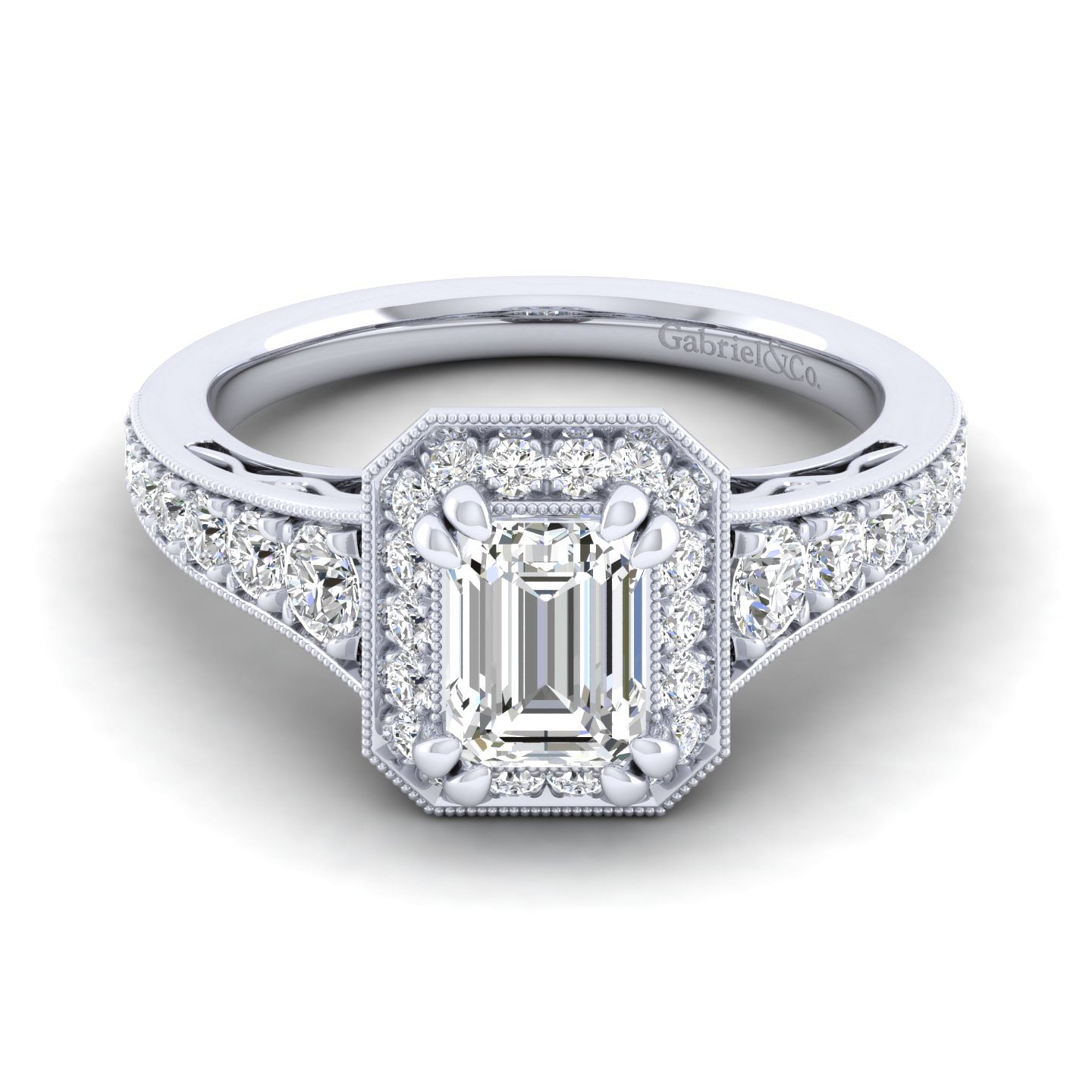Vintage Inspired Platinum Halo Emerald Cut Diamond Engagement Ring
