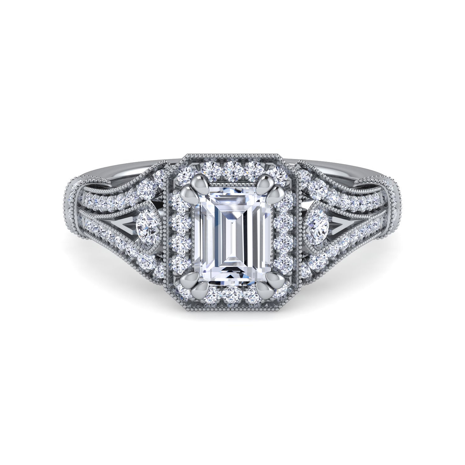 Vintage Inspired Platinum Halo Emerald Cut Diamond Engagement Ring
