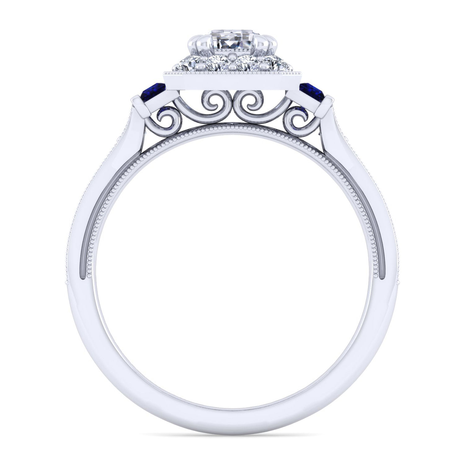 Vintage Inspired Platinum Halo Emerald Cut Sapphire and Diamond Engagement Ring