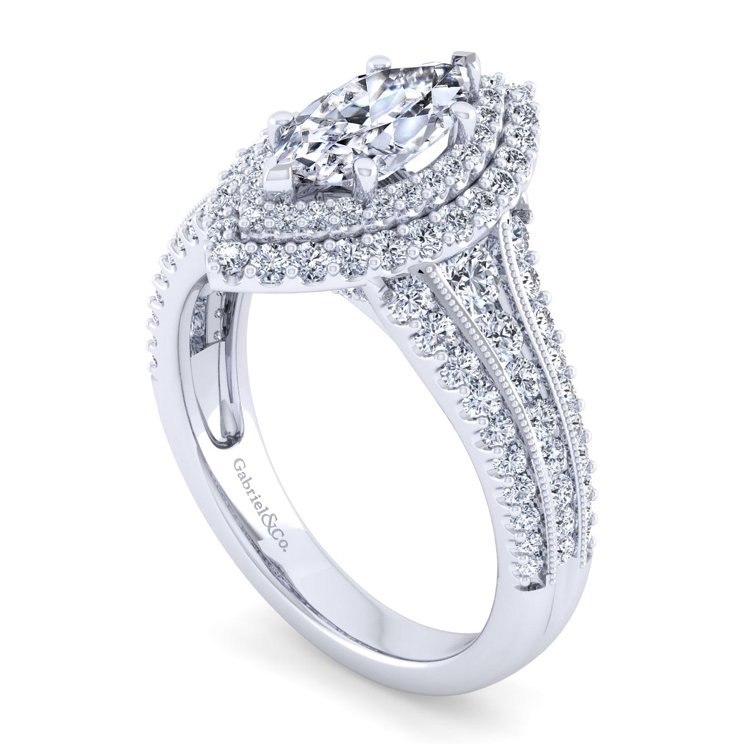 Vintage Inspired Platinum Marquise Shape Double Halo Diamond Engagement Ring