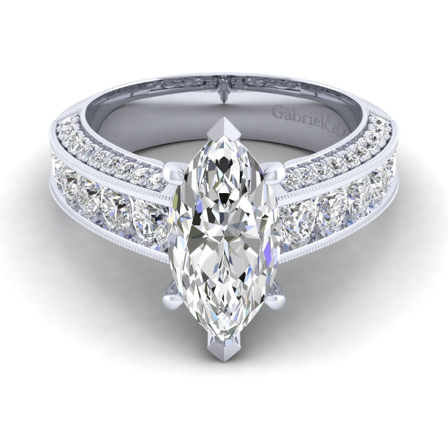 Vintage Inspired Platinum Marquise Shape Wide Band Diamond Engagement Ring