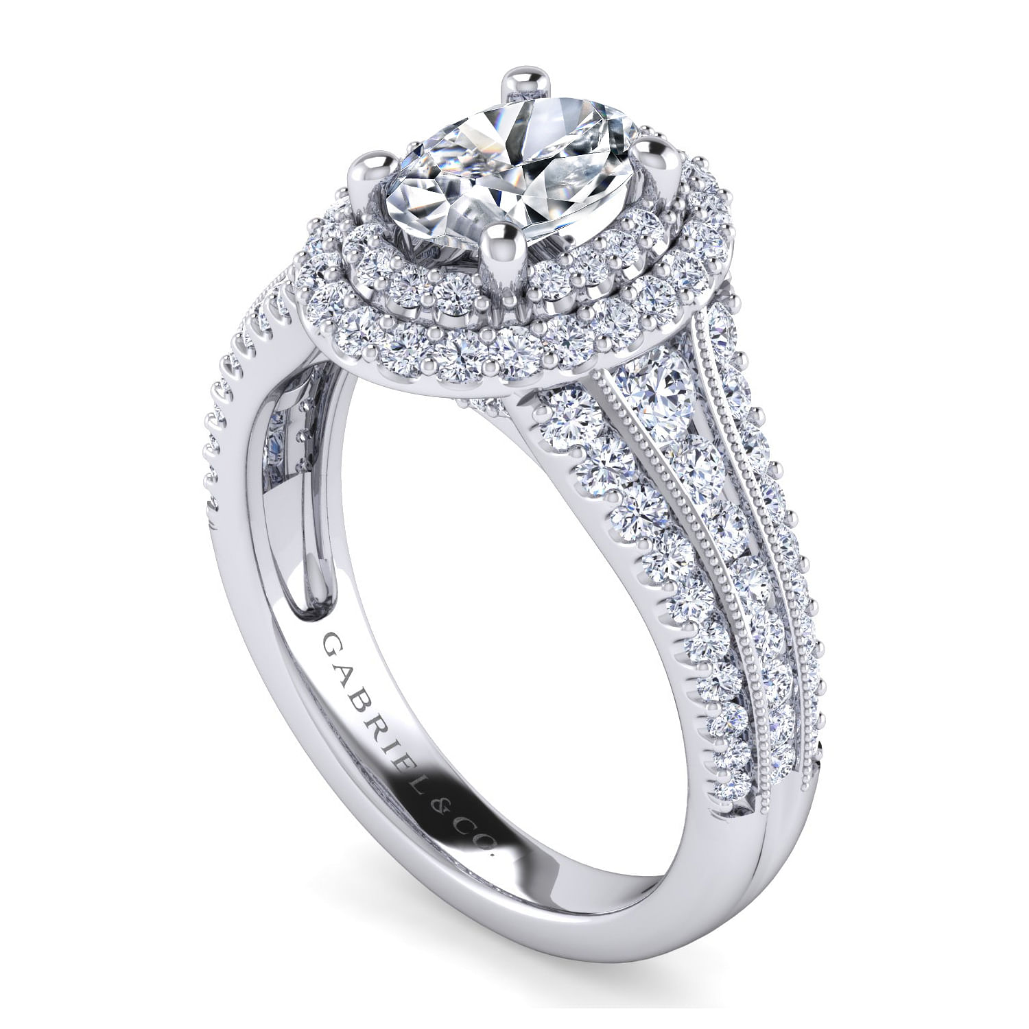 Vintage Inspired Platinum Oval Double Halo Diamond Engagement Ring