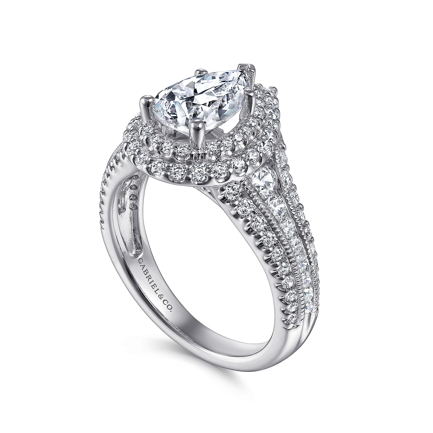 Vintage Inspired Platinum Pear Shape Double Halo Diamond Engagement Ring