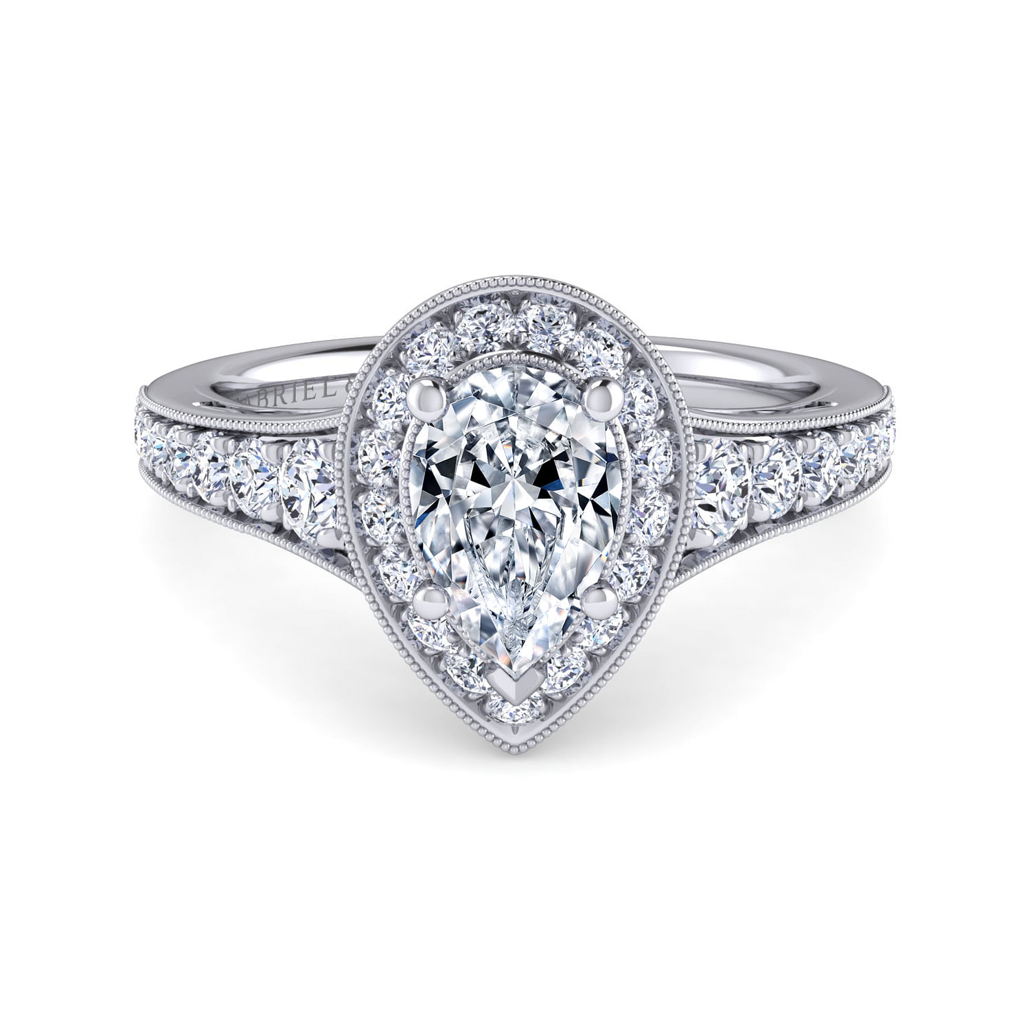 Vintage Inspired Platinum Pear Shape Halo Diamond Engagement Ring