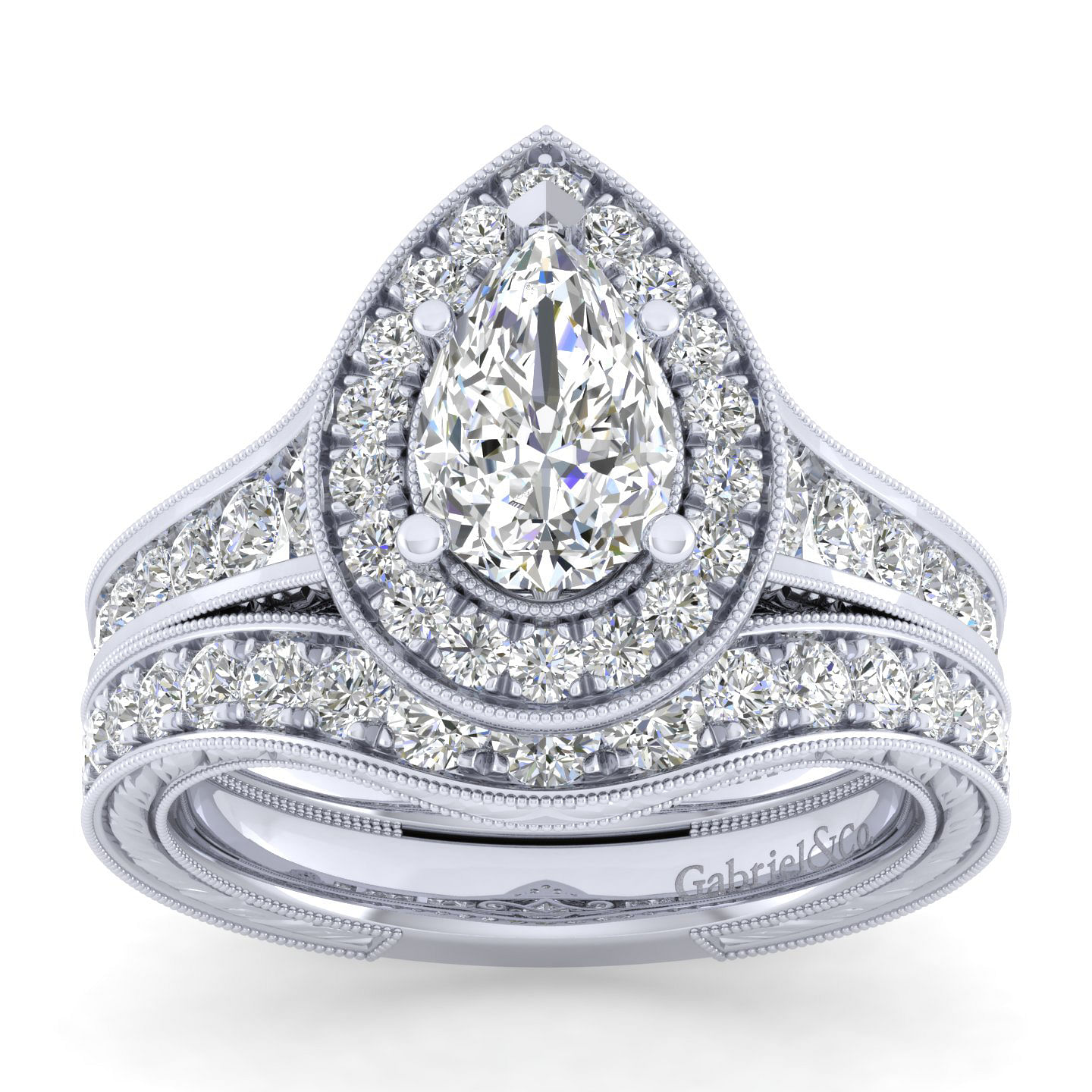 Vintage Inspired Platinum Pear Shape Halo Diamond Engagement Ring