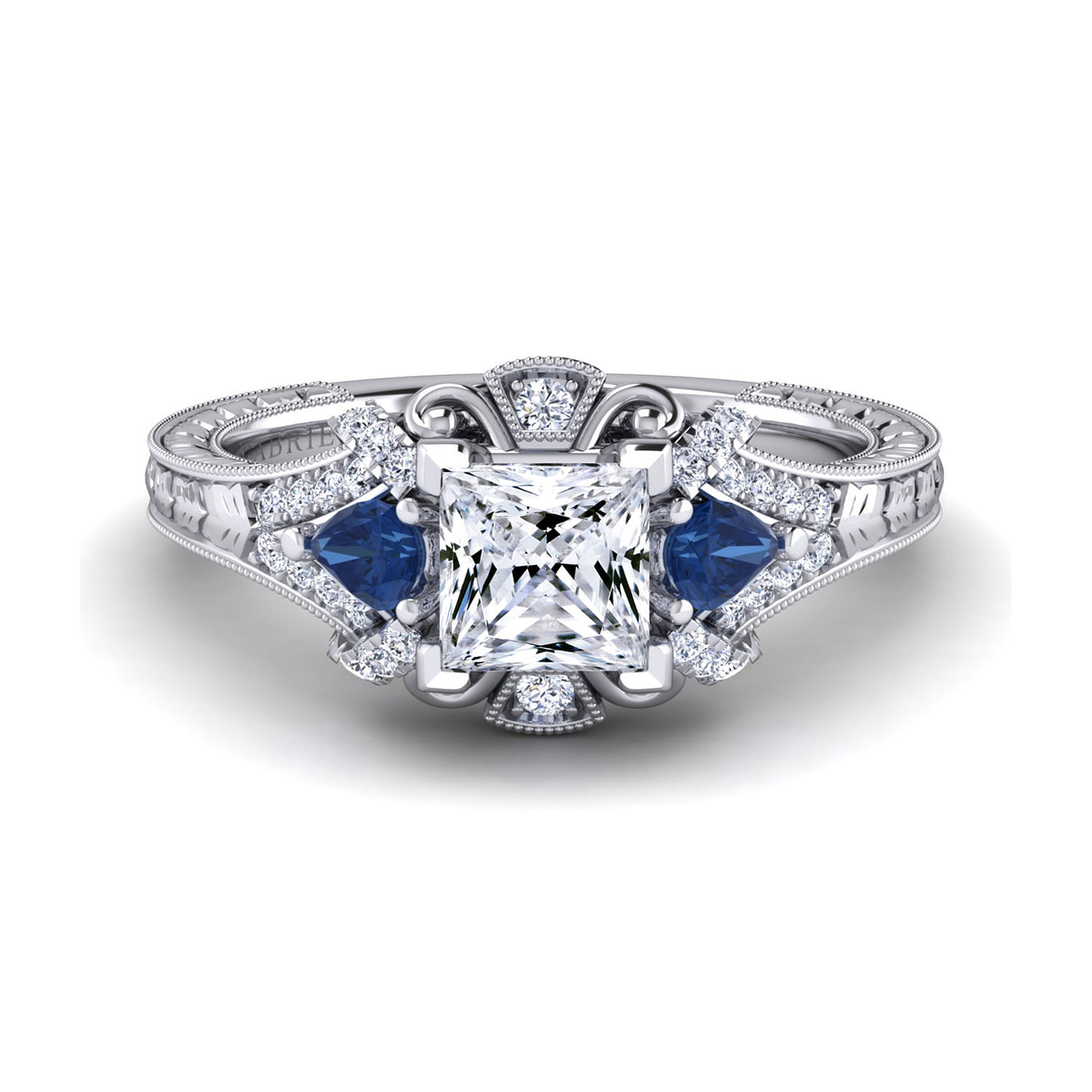 Vintage Inspired Platinum Princess Cut Three Stone Halo Sapphire and Diamond Engagement Ring
