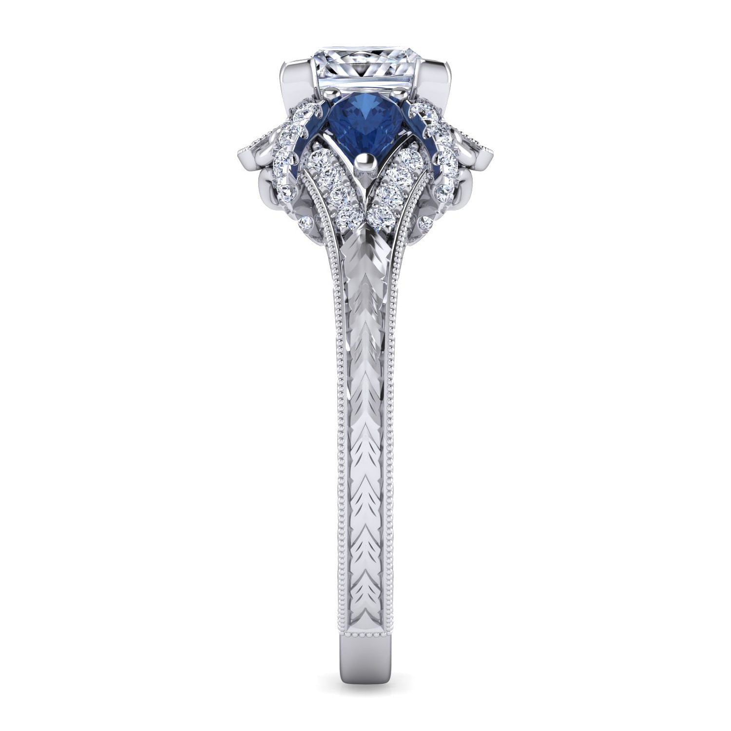 Vintage Inspired Platinum Princess Cut Three Stone Halo Sapphire and Diamond Engagement Ring