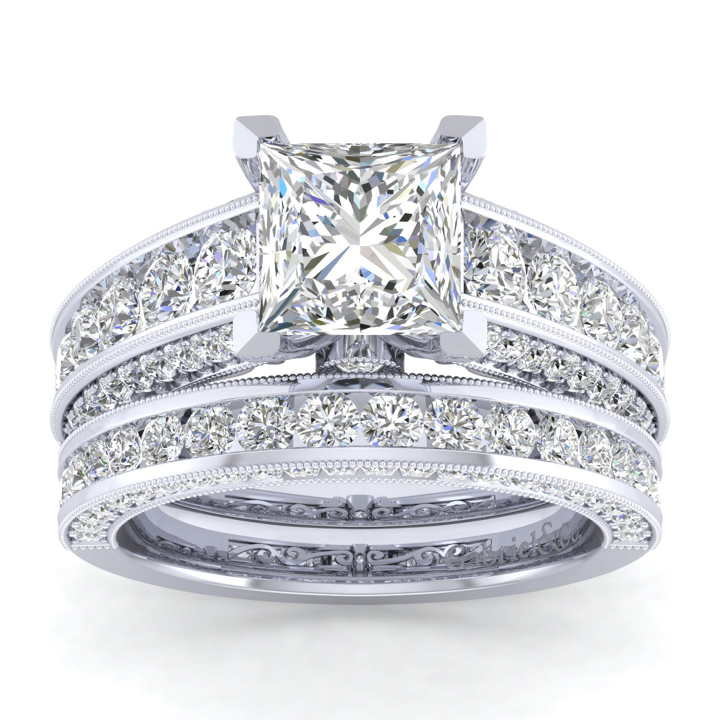 Vintage Inspired Platinum Princess Cut Wide Band Diamond Engagement Ring