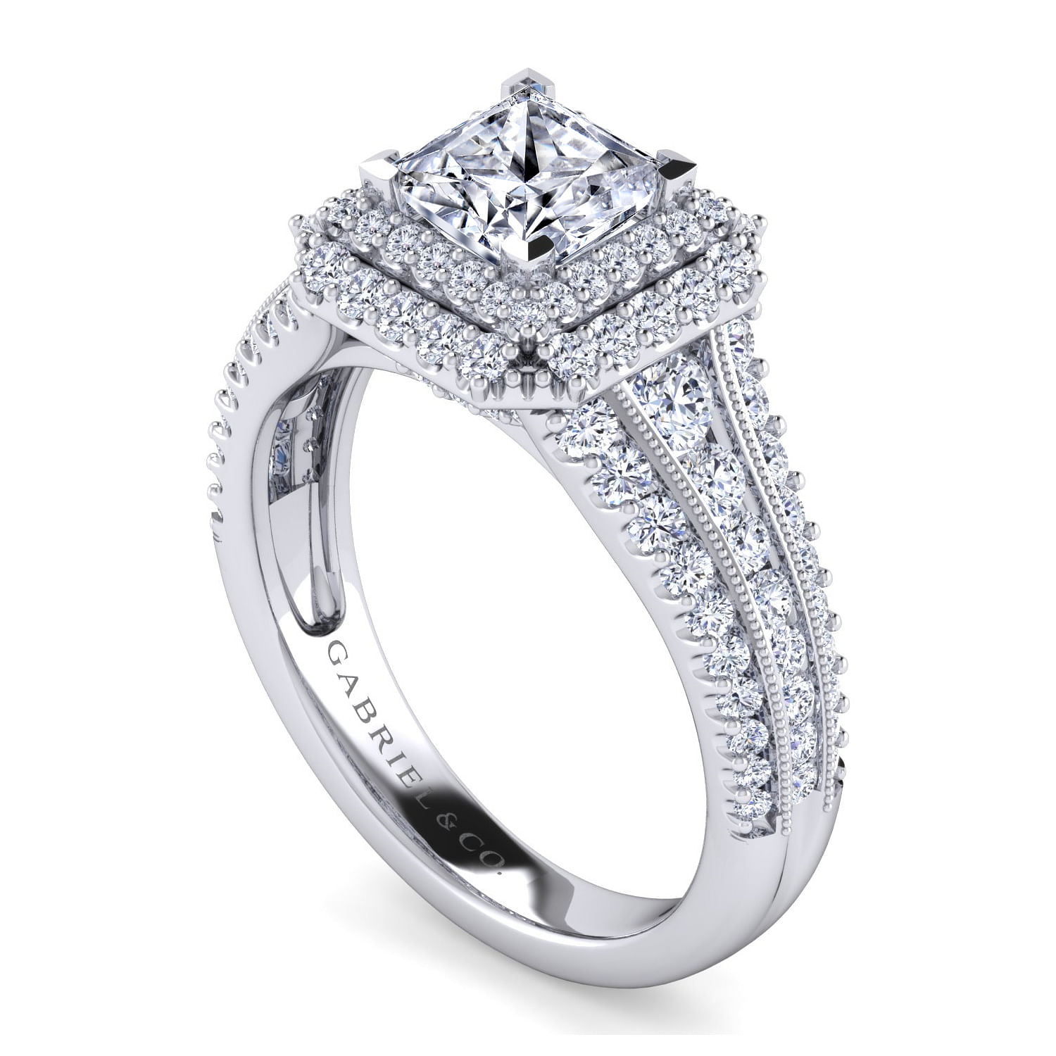 Vintage Inspired Platinum Princess Double Halo Diamond Engagement Ring