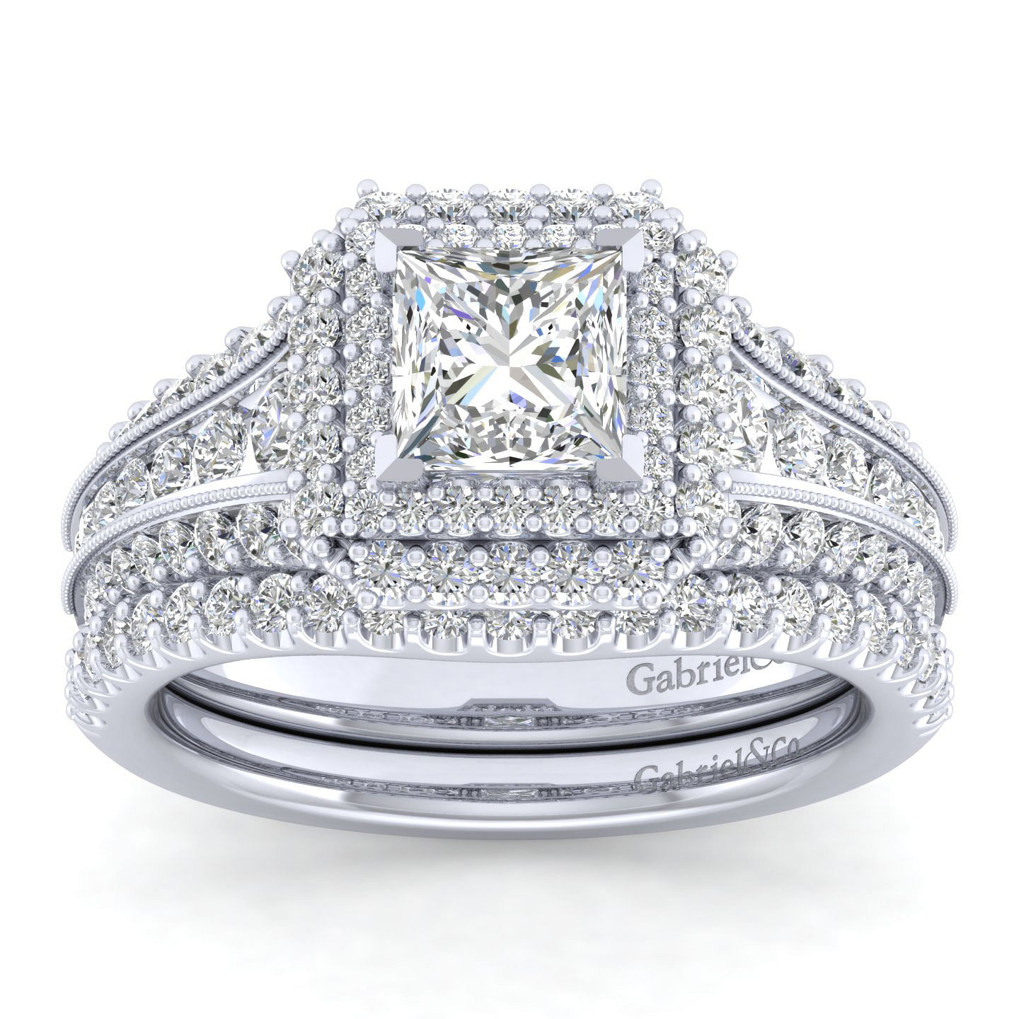 Vintage Inspired Platinum Princess Double Halo Diamond Engagement Ring