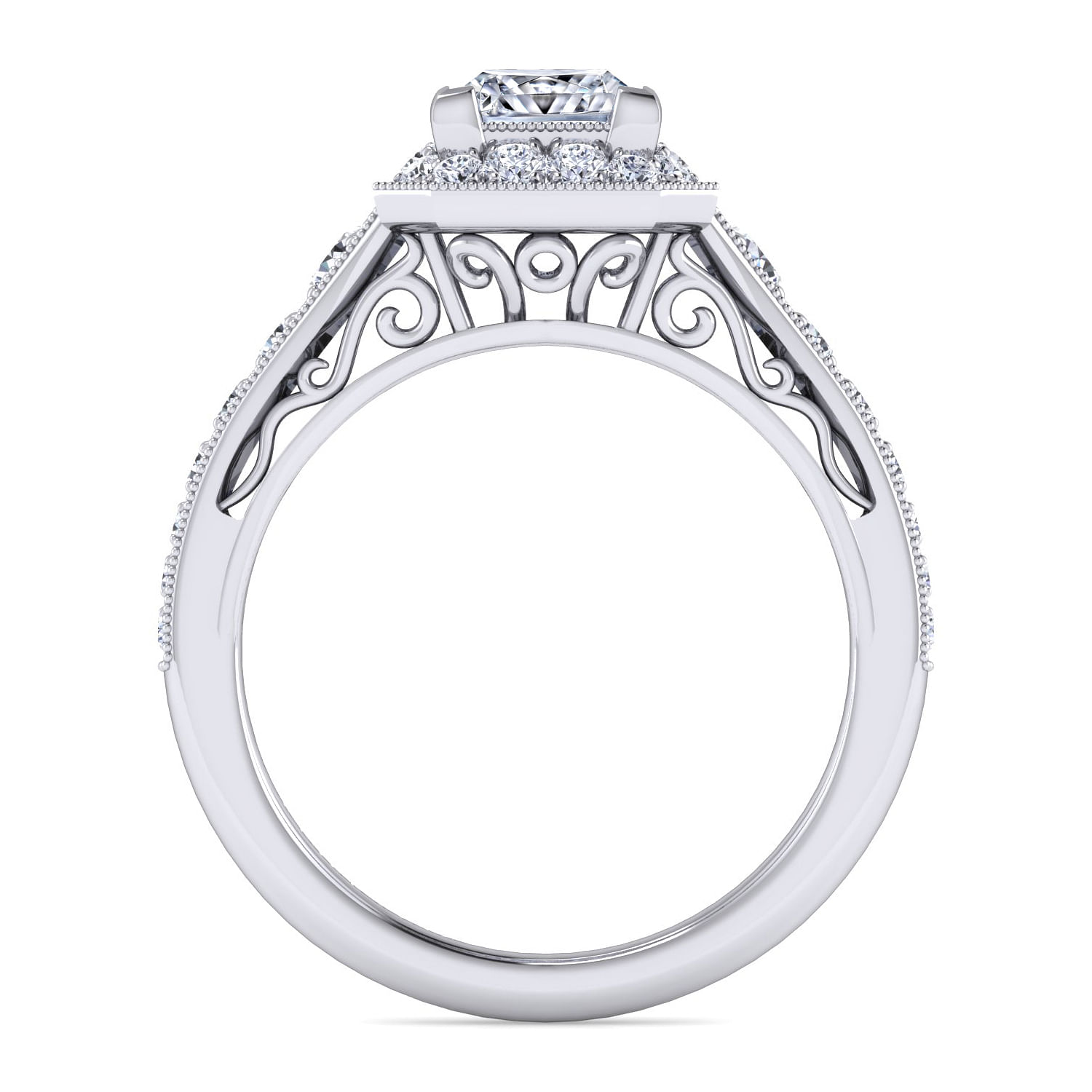 Vintage Inspired Platinum Princess Halo Diamond Engagement Ring