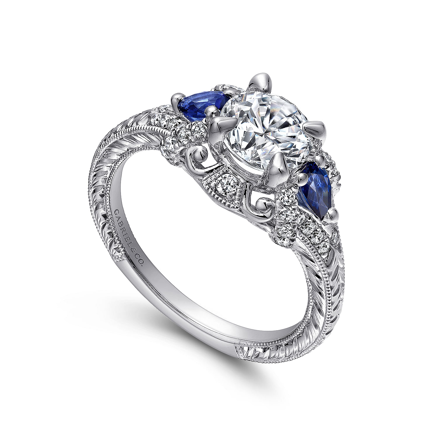 Vintage Inspired Platinum Round Three Stone Halo Sapphire and Diamond Engagement Ring