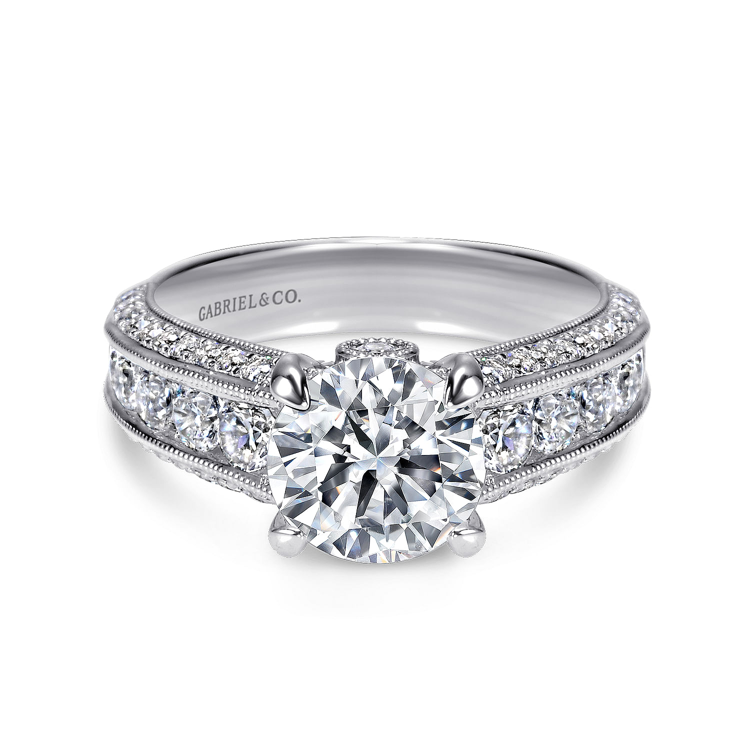 Vintage Inspired Platinum Round Wide Band Diamond Engagement Ring