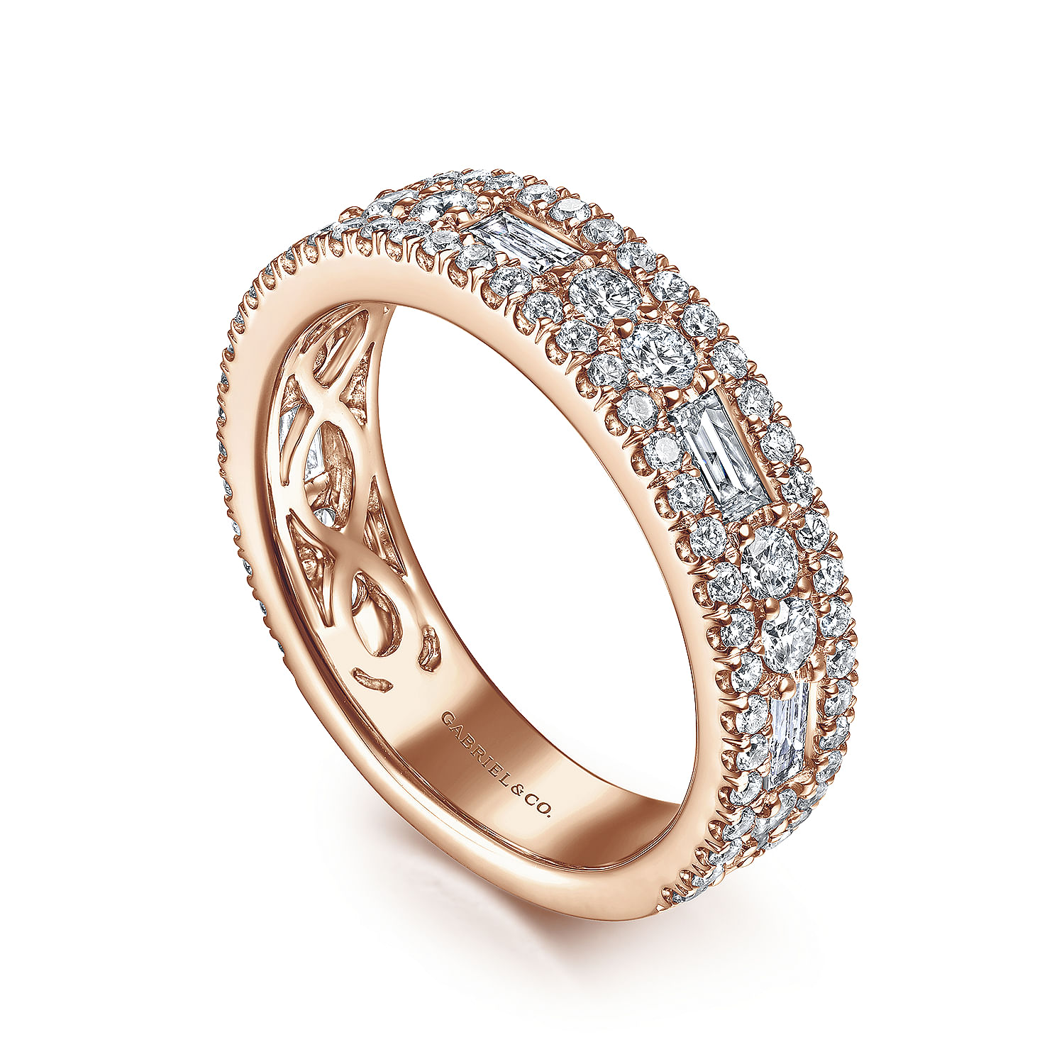 Wide 14K Rose Gold Round and Baguette Diamond Anniversary Band