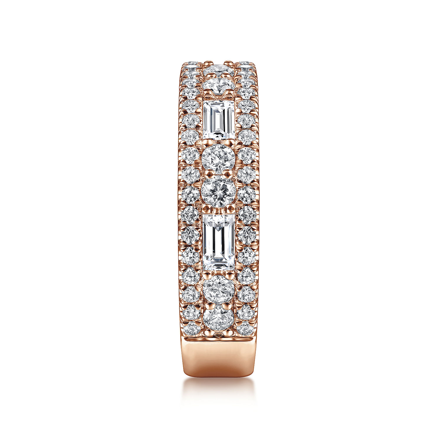 Wide 14K Rose Gold Round and Baguette Diamond Anniversary Band