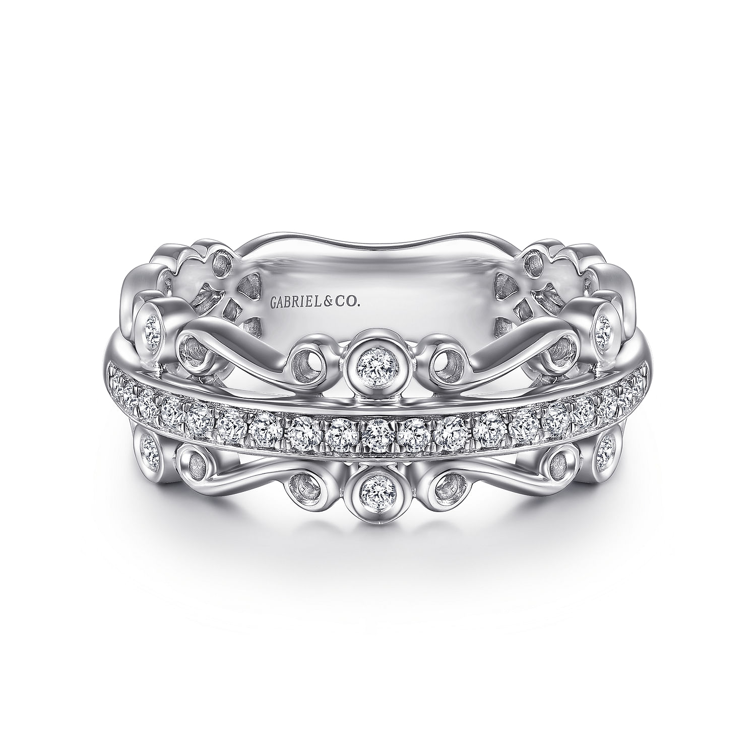 Wide 14K White Gold Diamond Anniversary Band with Scrollwork