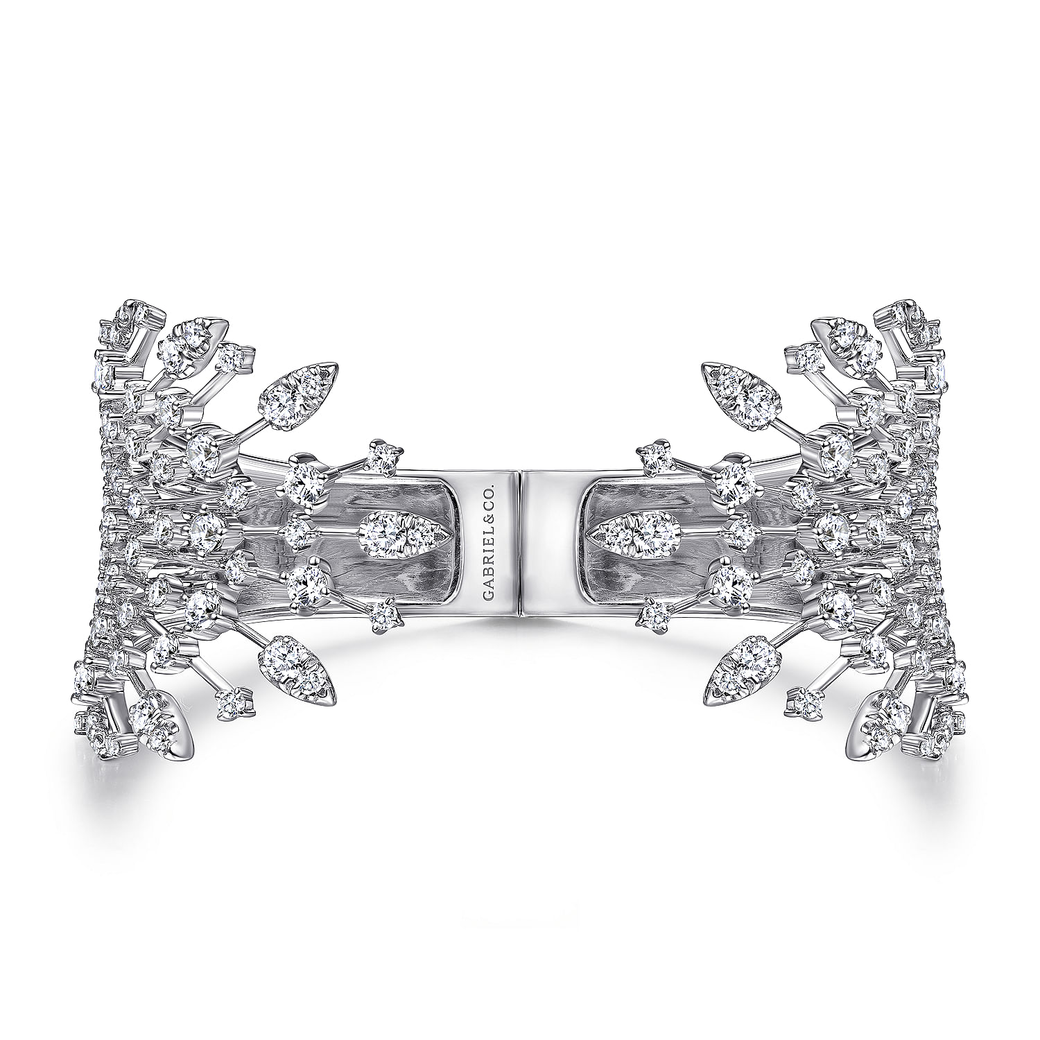 Wide 14K White Gold Diamond Burst Split Cuff Bracelet