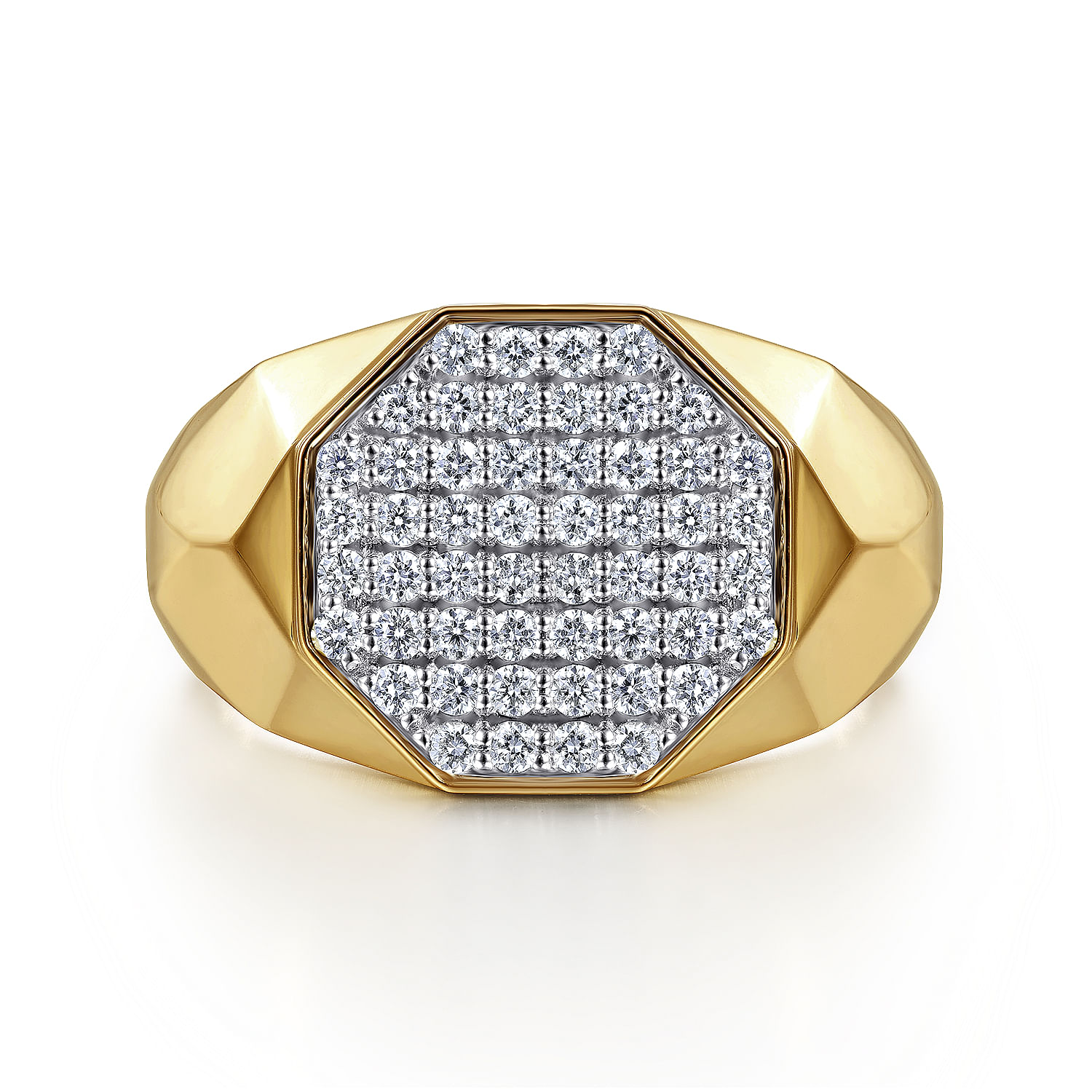 Wide 14K Yellow Gold Faceted Ring with Pavé Diamonds 