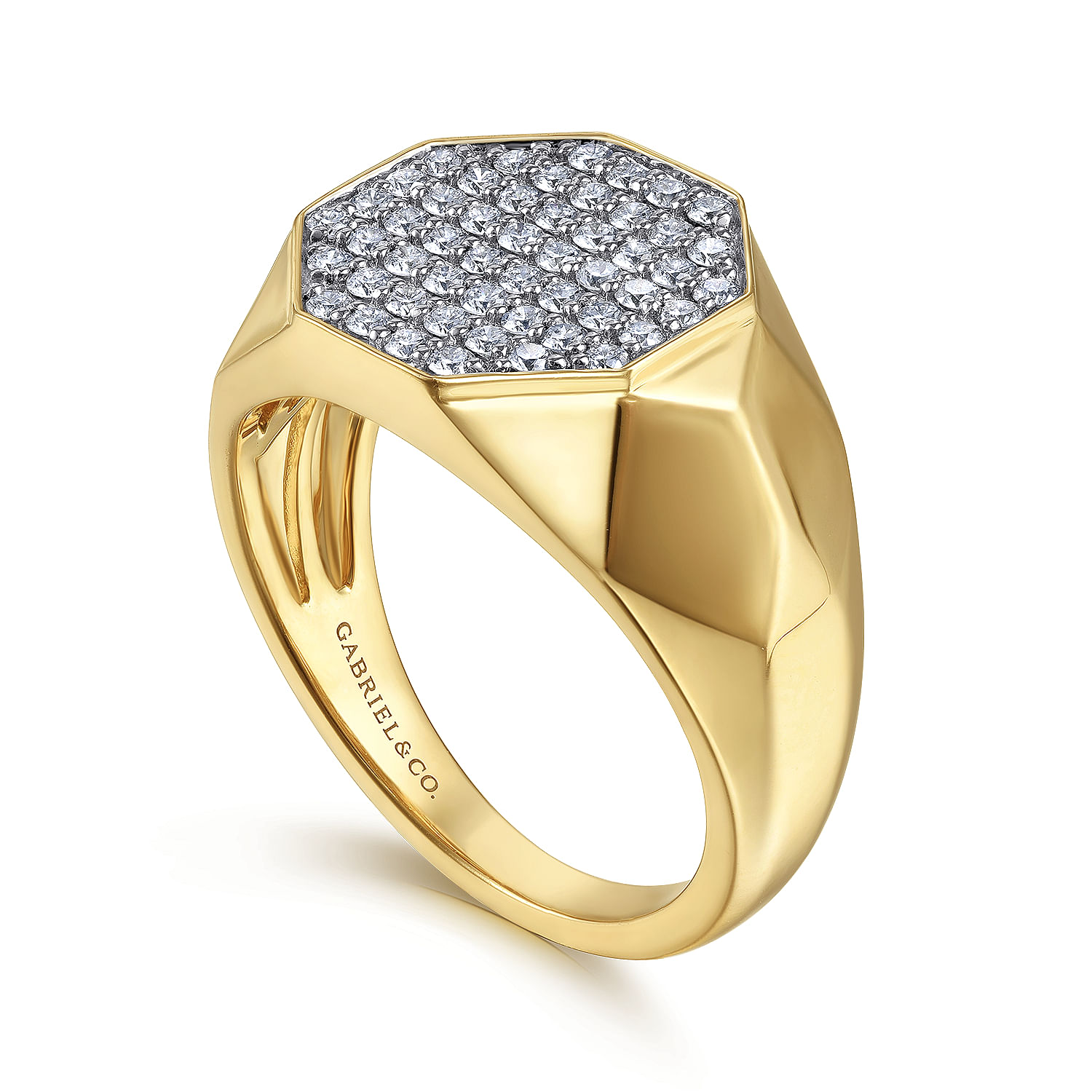 Wide 14K Yellow Gold Faceted Ring with Pavé Diamonds 