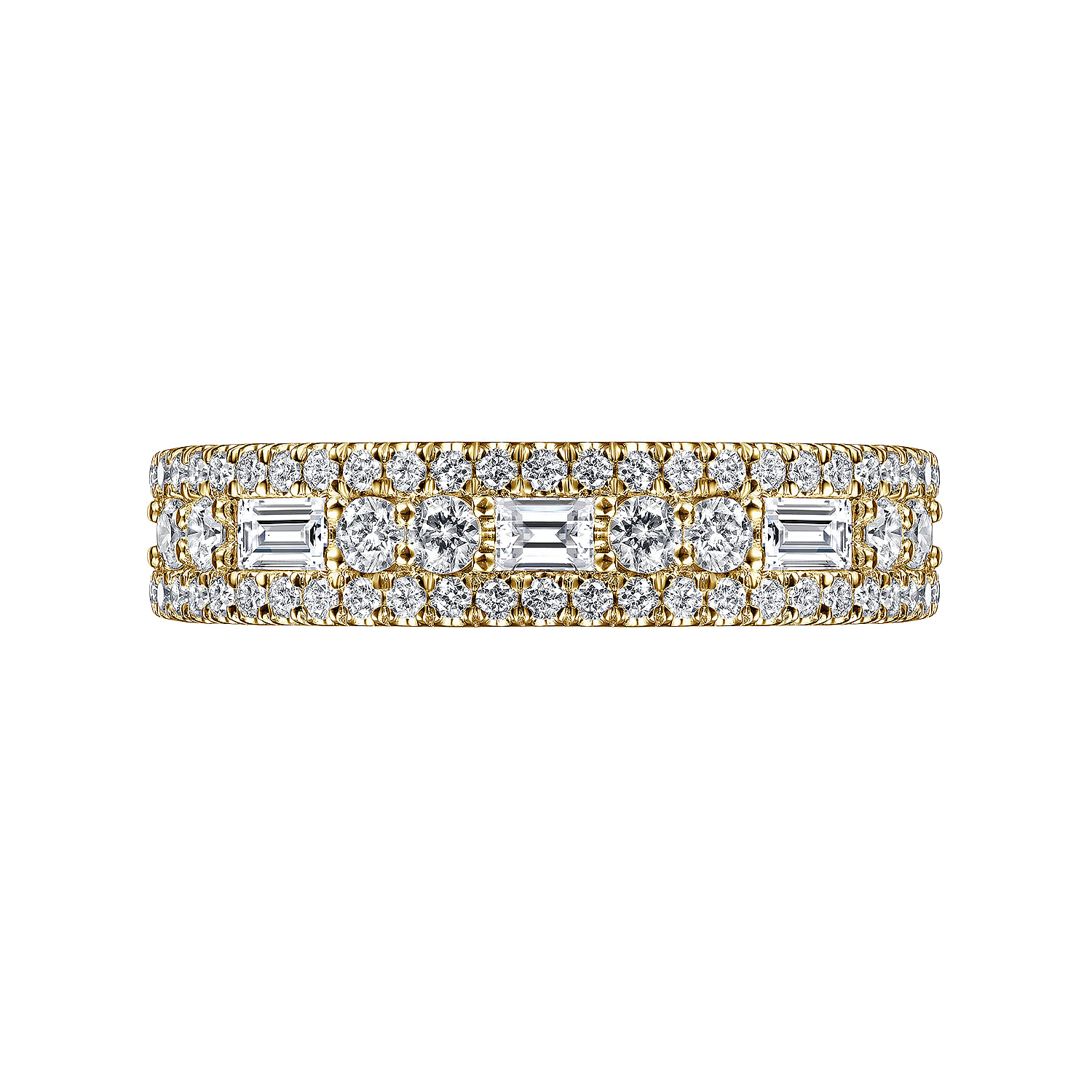 Wide 14K Yellow Gold Round and Baguette Diamond Anniversary Band