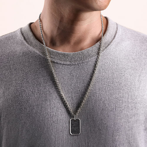 2x Mens Dog Tag Necklace Pendant Black Silver, Handmade Jewelry