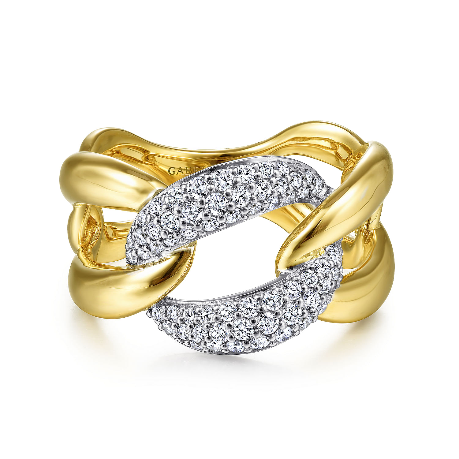 14K White-Yellow Gold Large Chain Link Diamond Station Ring