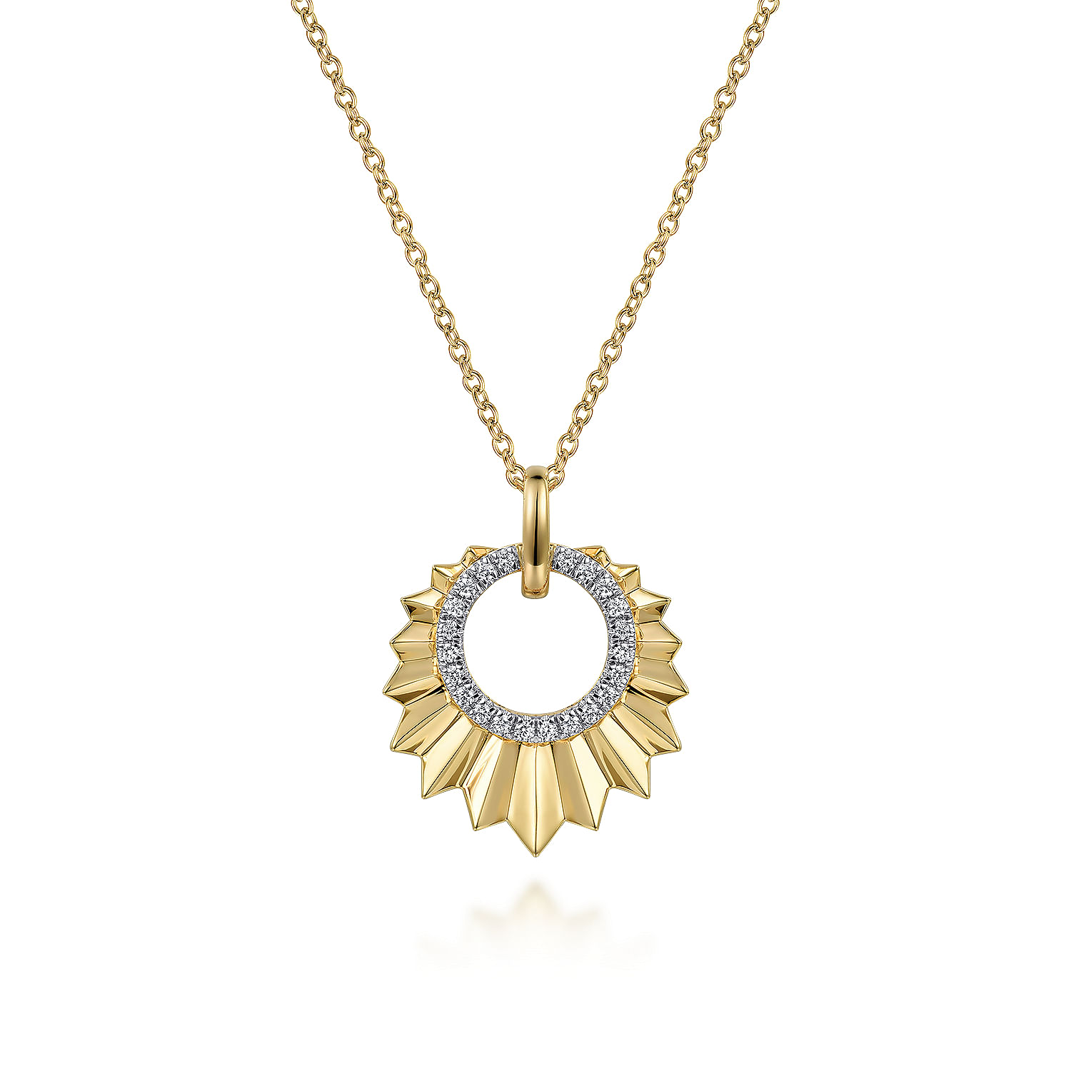 14K Yellow Gold 17 5 inch Diamond Necklace With Diamond Cut Texture In Leaf Shape
