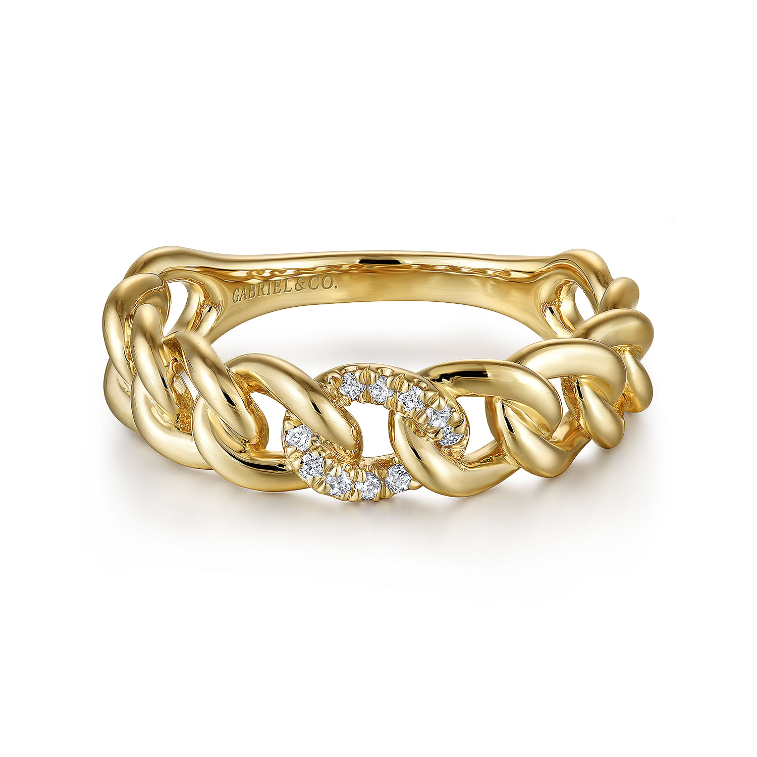 14K Yellow Gold Chain Link Ring Band with Pave Diamond Station