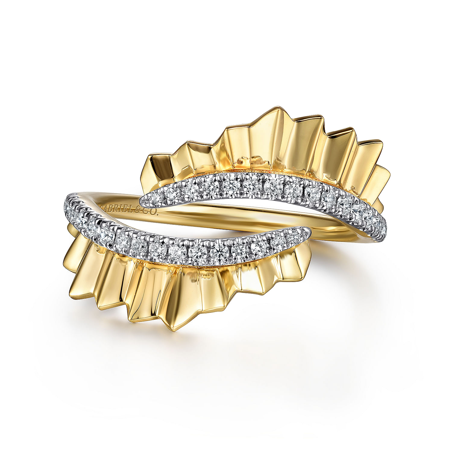 14K Yellow Gold Diamond Bypass Ring with Diamond Cut Texture