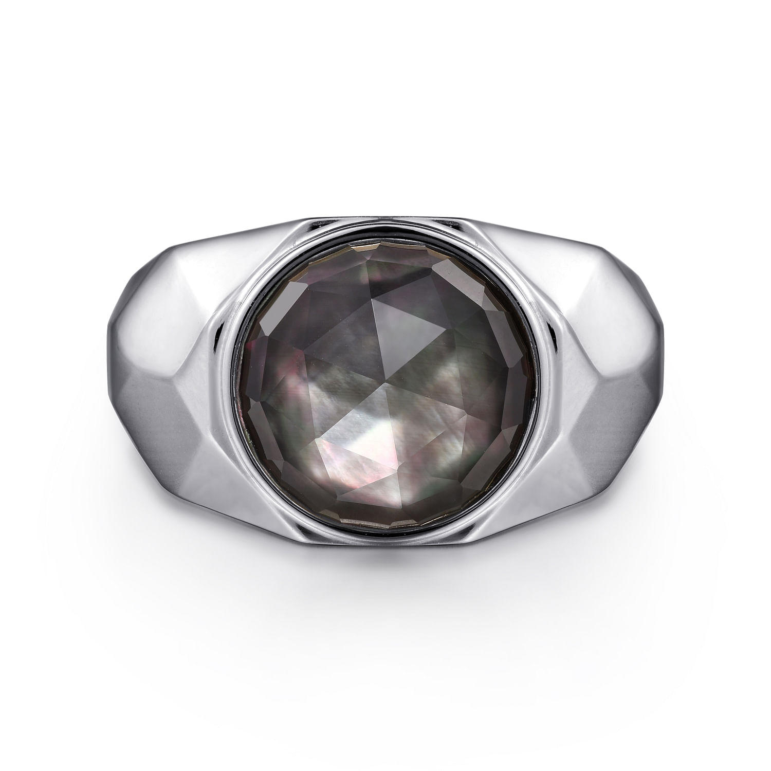 Wide 925 Sterling Silver Signet Ring with Black Mother of Pearl Stone