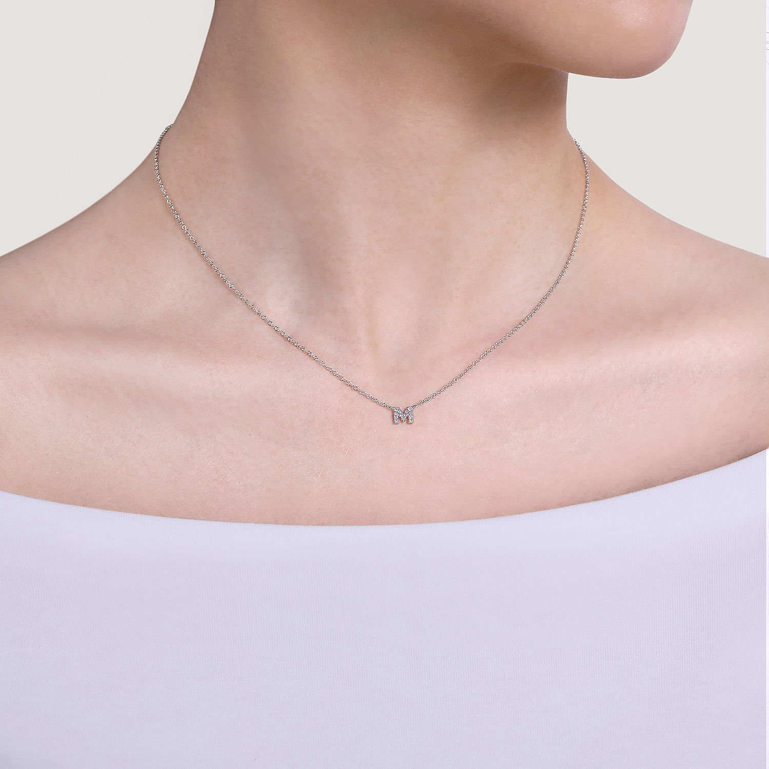 14K White Gold Diamond M Initial Pendant Necklace