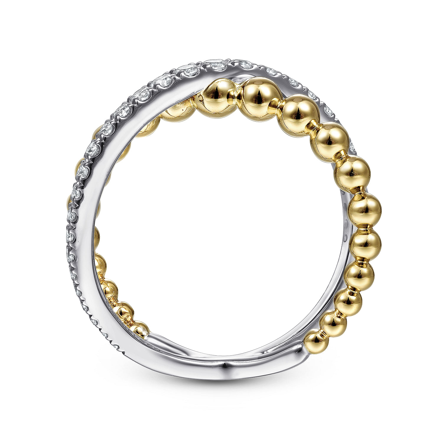 14K White-Yellow Gold Bujukan Diamond and Metal Bead Criss Cross Ring in size 10 8mm width