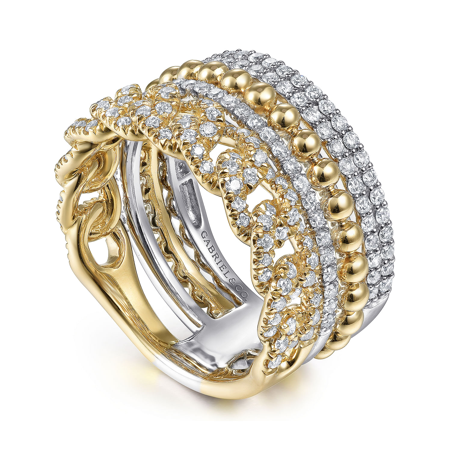 14K White-Yellow Gold Wide Band Layered Diamond Easy-Stackable in size 11 4mm width