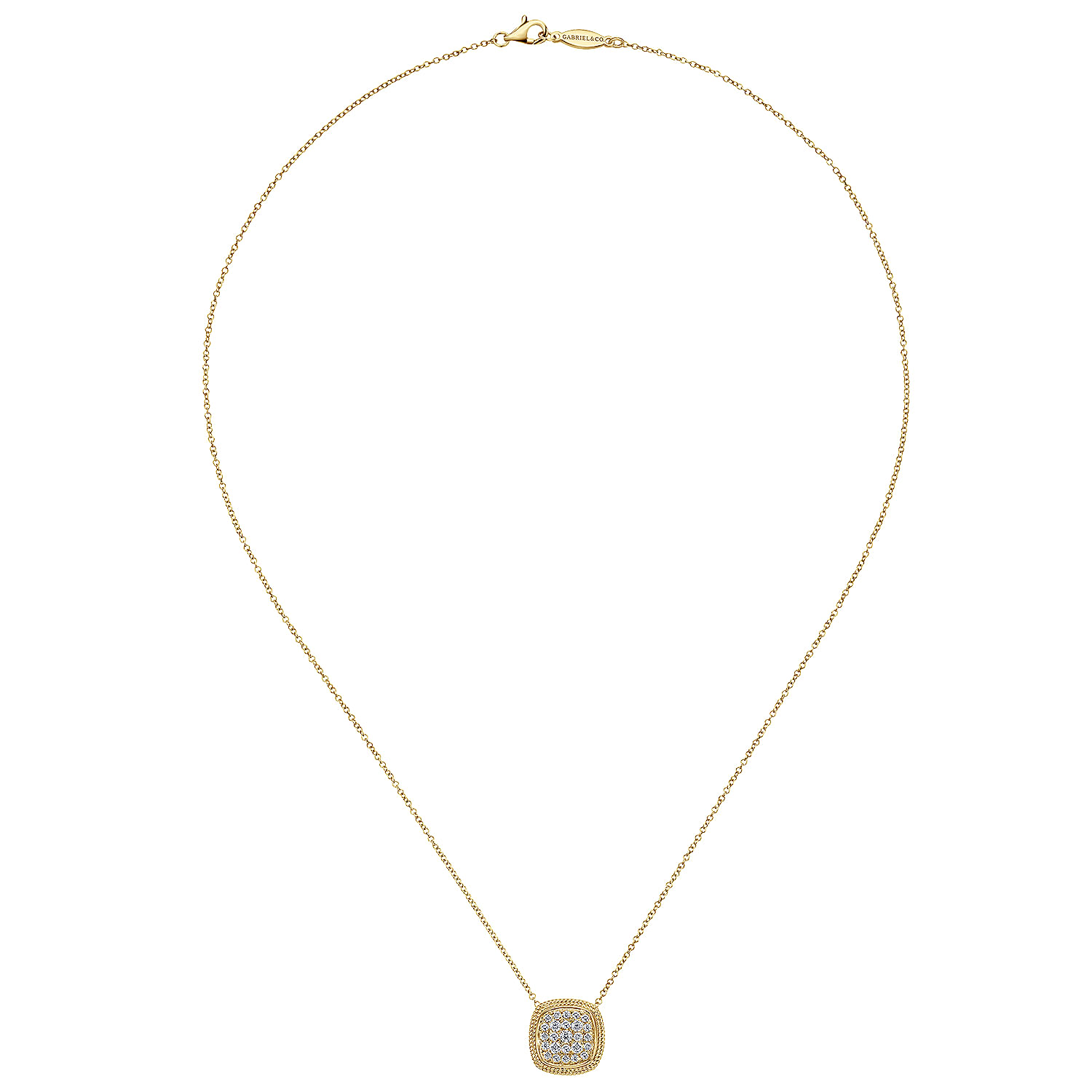 18 inch 14K Yellow Gold Cushion Shape Diamond Pave Pendant Necklace